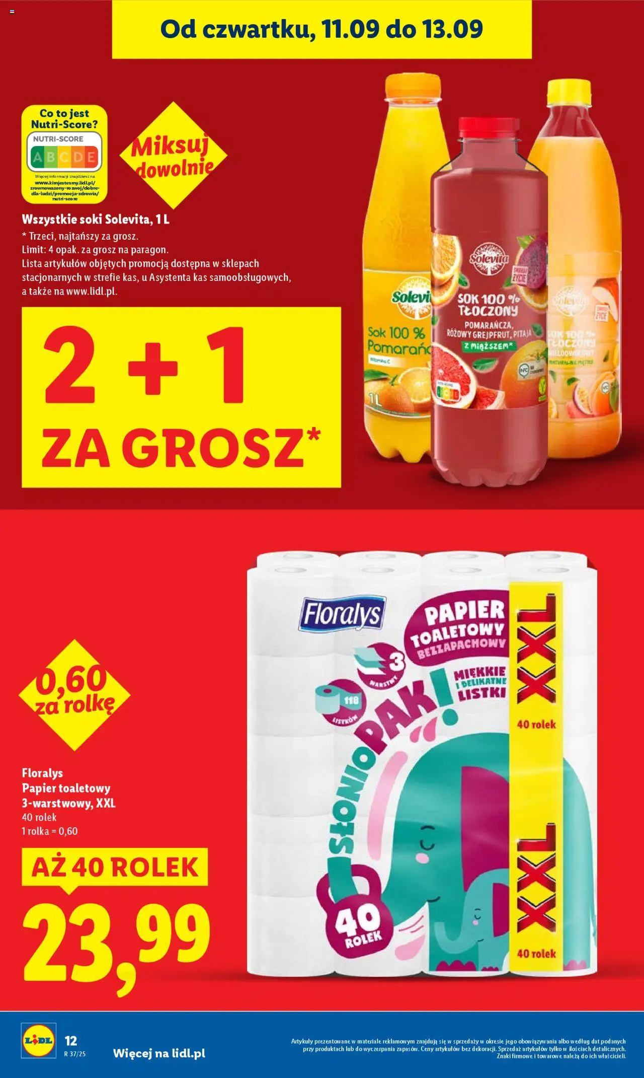 Lidl Gazetka od 11.09.2025 | Strona: 12 | Produkty: Papier toaletowy, Soki, Pitaja, Sok