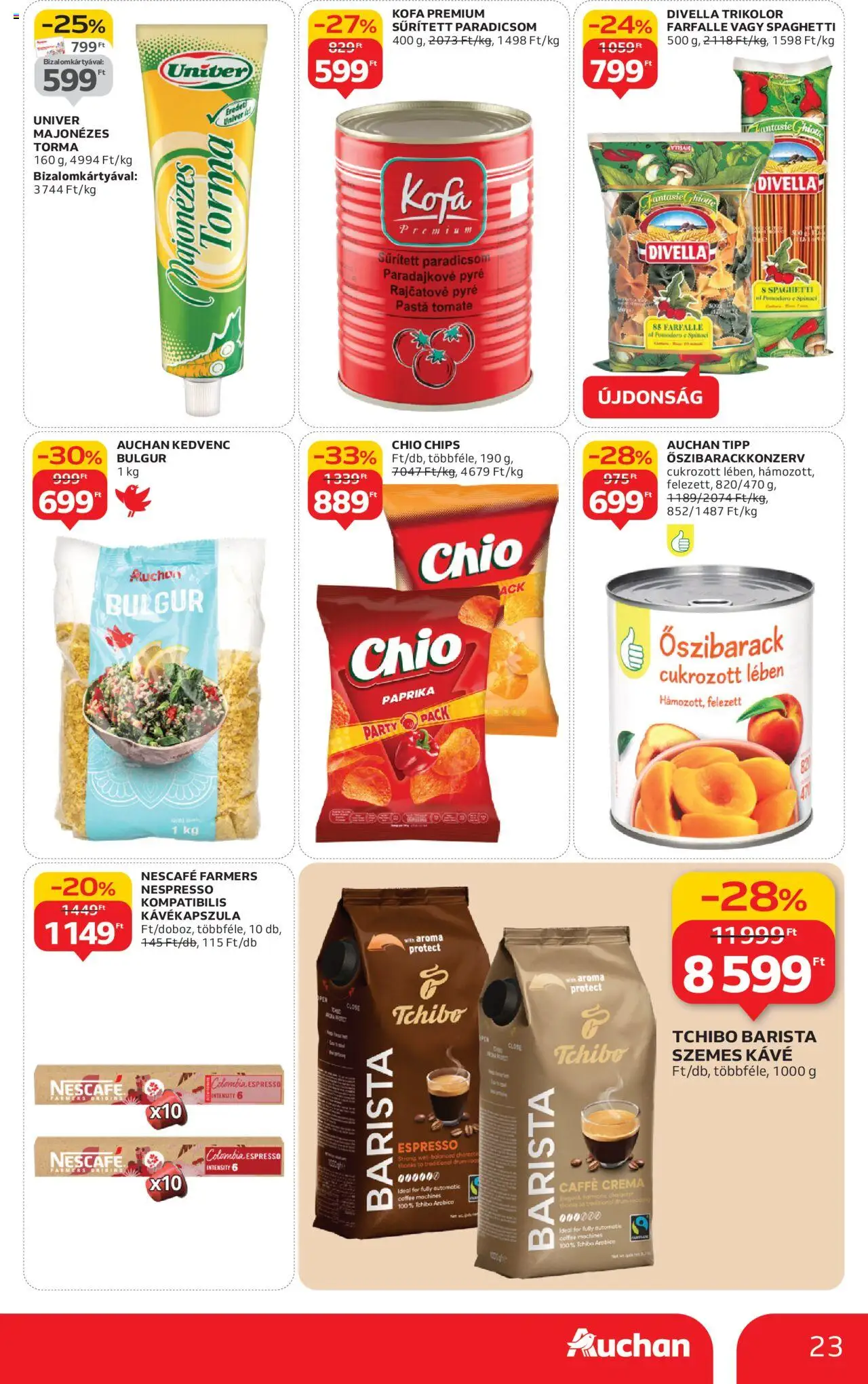 Auchan akciós ujság - amely érvényes a következő dátumtól: 24.10.2025 | Oldal: 23 | Termékek: Őszibarack, Nescafé, Chips, Bulgur