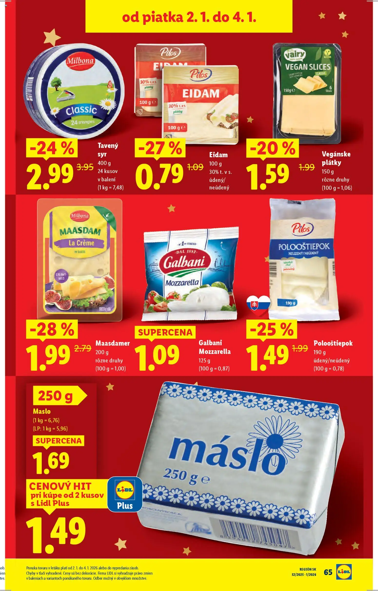Nové Lidl akcie – leták je platný od 02.01.2026 | Strana: 13 | Produkty: Maslo, Eidam, Mozzarella