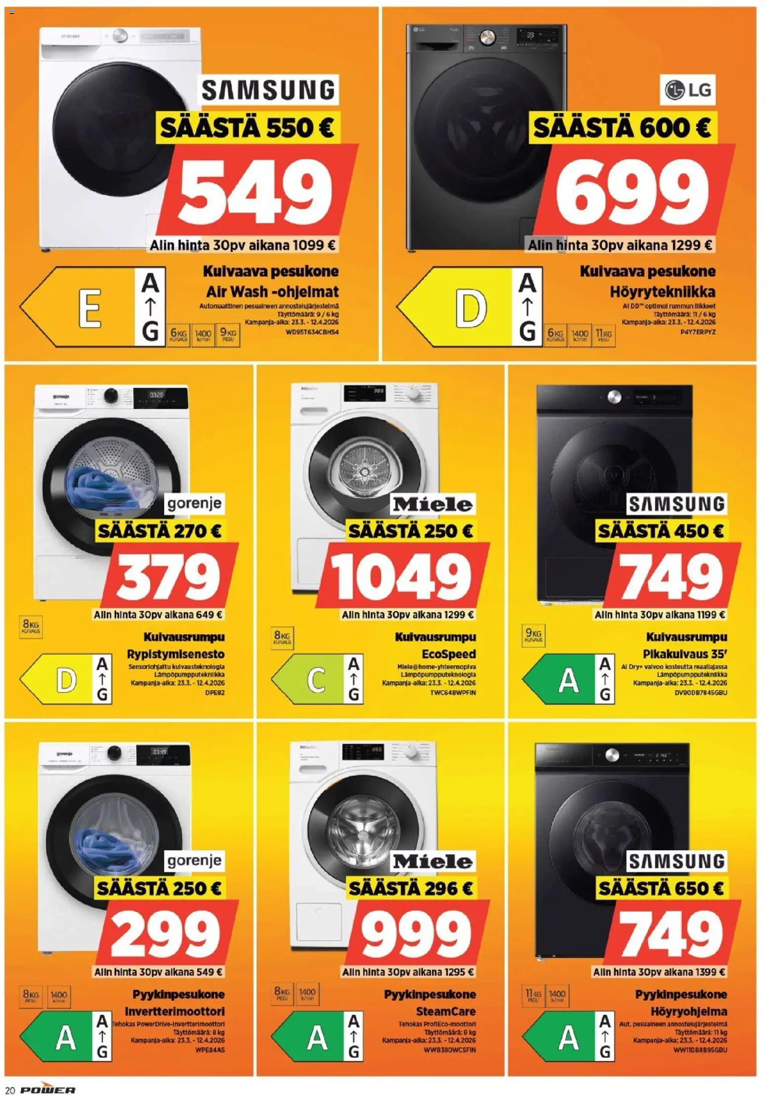 Power tarjoukset – voimassa 30.03.2026 alkaen | Sivu: 20 | Tuotteet: Pesukone, Kuivausrumpu, Kuivaava pesukone