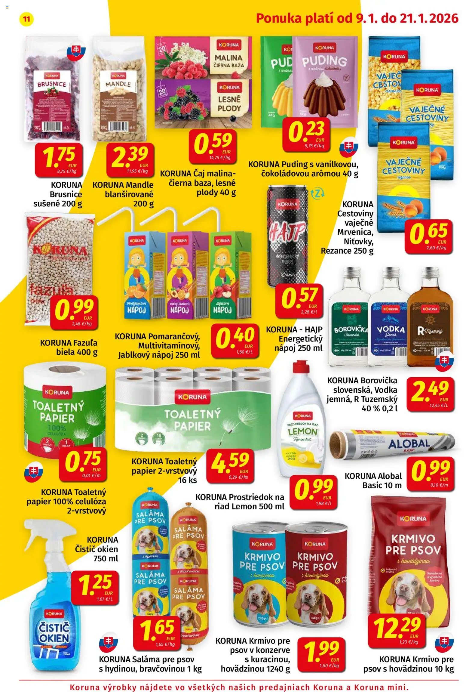 Nové Koruna akcie – leták je platný od 09.01.2026 | Strana: 11 | Produkty: Čistič okien, Puding, Fazuľa, Mandle