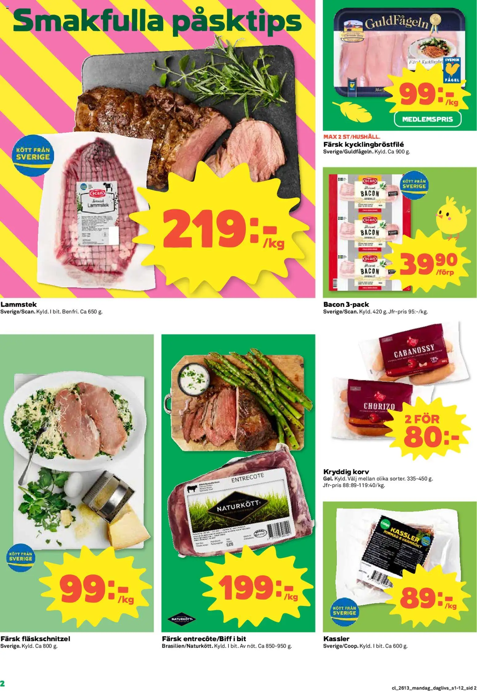 Coop Daglivs reklamblad aktuell från 23.03.2026 | Sida: 2 | Produkter: Bacon, Kassler, Entrecote, Chorizo