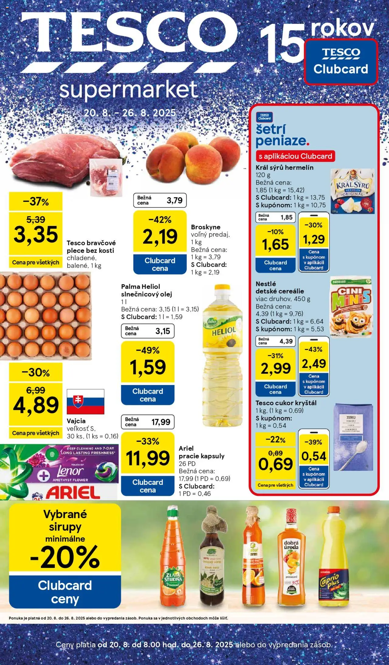 Tesco Supermarket - leták │ platný od 20.08.2025 | Strana: 1 | Produkty: Vajcia, Cukor, Cereálie, Lenor
