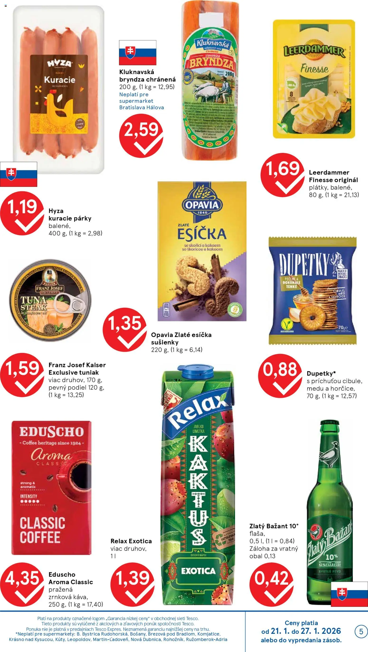 Nové Tesco akcie – leták je platný od 21.01.2026 | Strana: 5 | Produkty: Tuniak, Bryndza, Zlatý Bažant, Steak