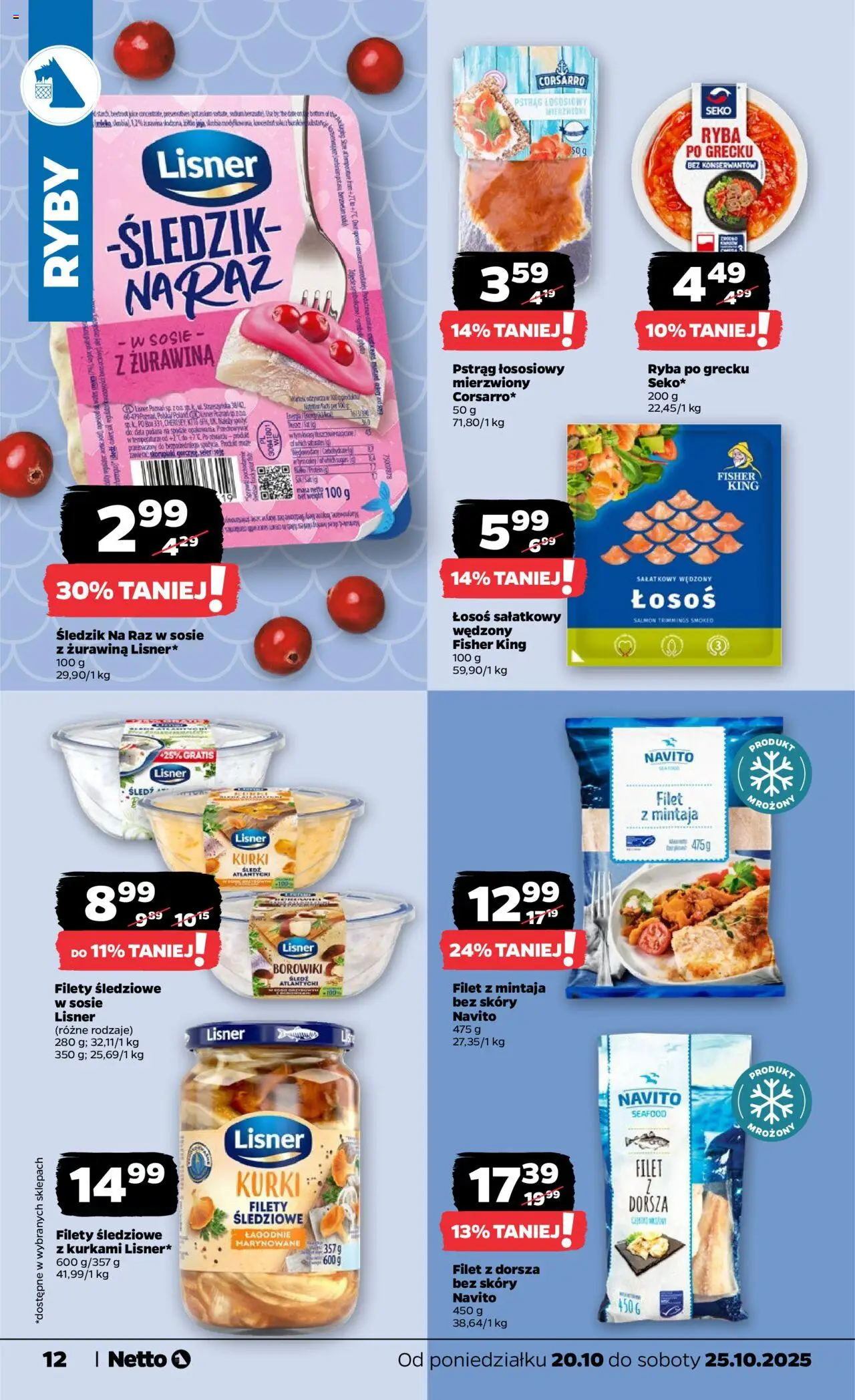 Netto gazetka - Spożywcza od 20.10.2025 | Strona: 12 | Produkty: Pstrąg, Pstrąg łososiowy, Ryba po grecku, Ryba
