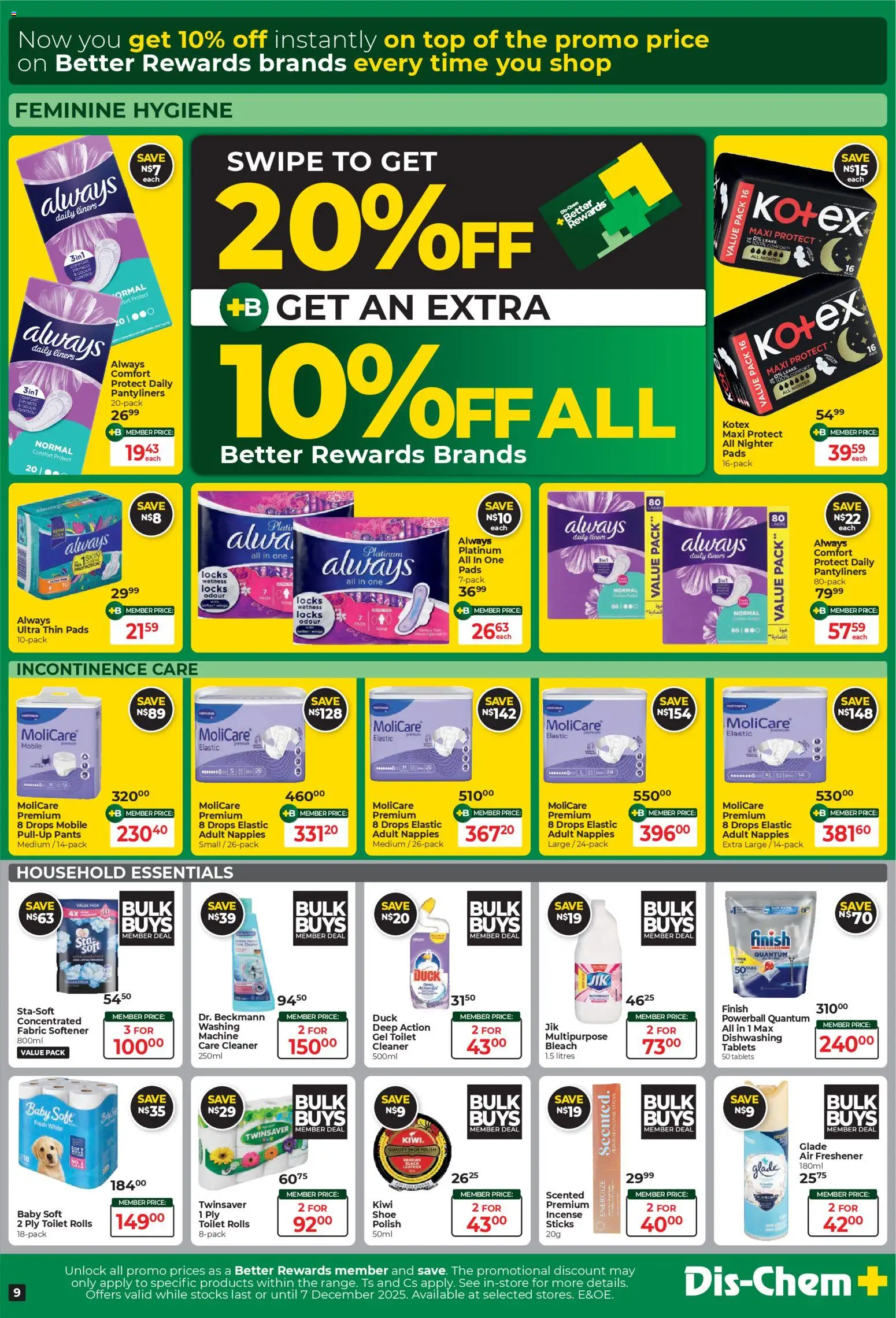 New Dis-Chem catalogue – valid from 24.11.2025 | Page: 9 | Products: Pants, Pads, Fabric softener, Nappies
