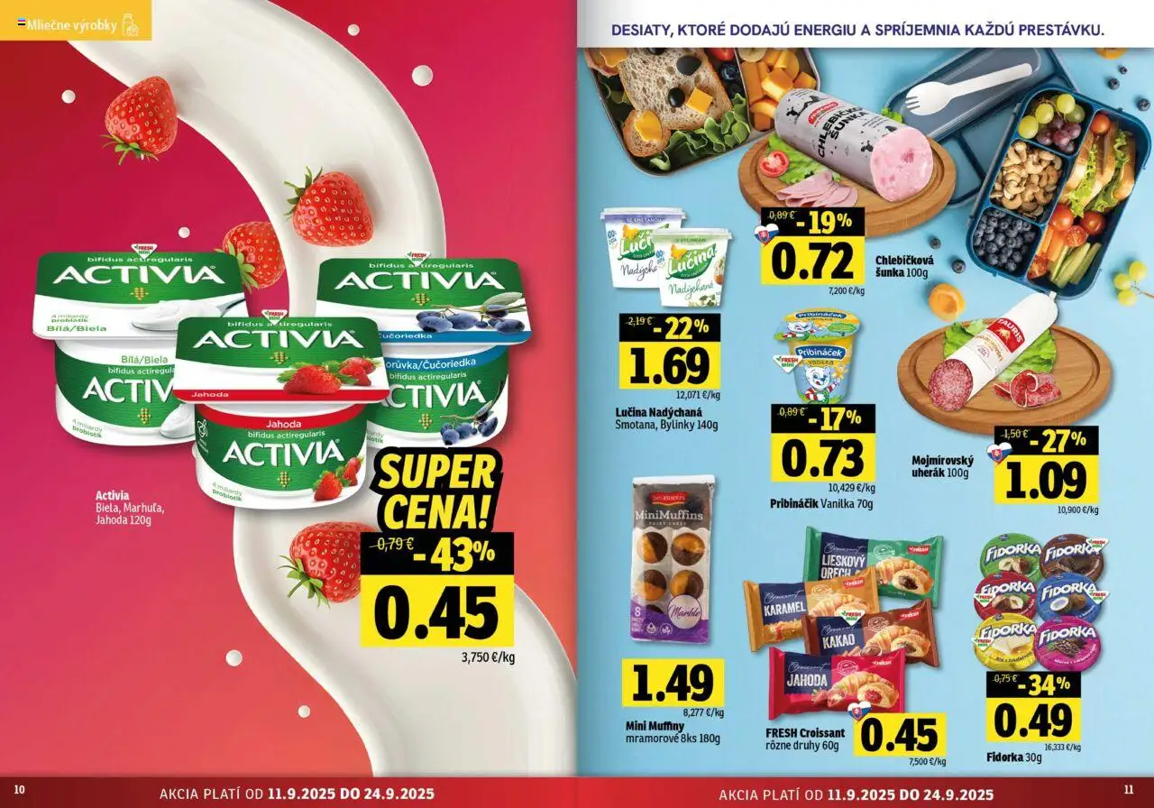 Nové Fresh akcie – leták je platný od 11.09.2025 | Strana: 6 | Produkty: Šunka, Pribináčik, Croissant, Kakao