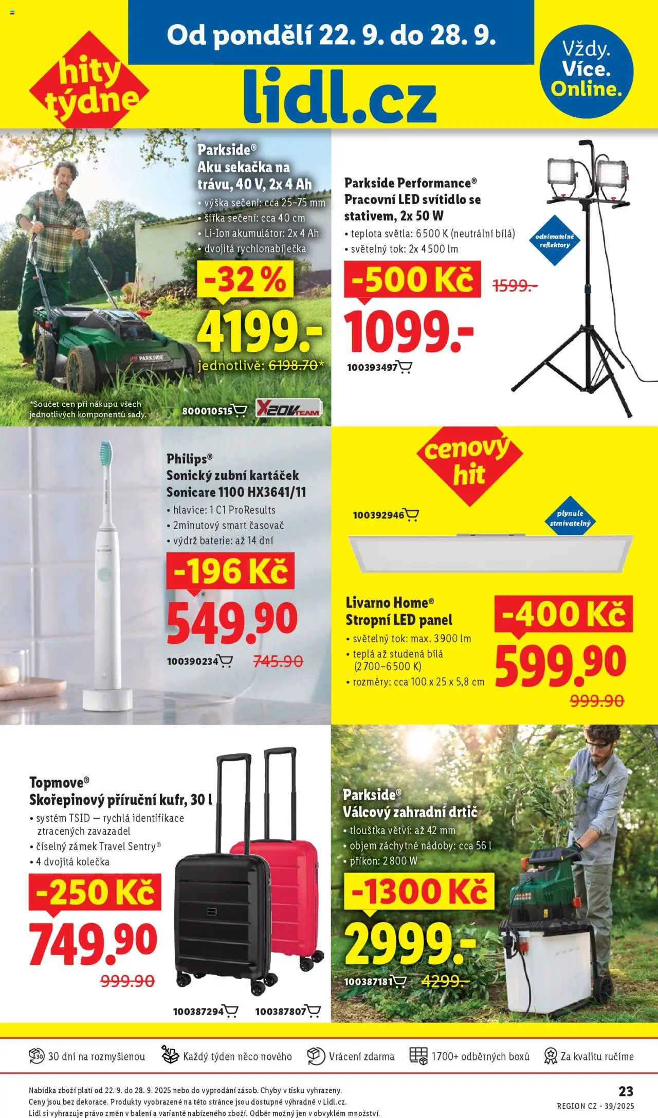 Lidl leták - Hity týdne od 22.09.2025 | Strana: 1 | Produkty: Sekačka, Drtič, Časovač, LED