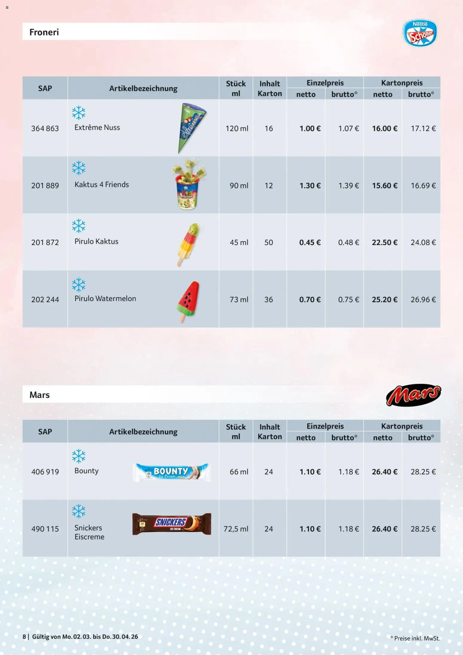 Selgros Sortiments-Katalog Impulseis – gültig ab 02.03.2026 | Seite: 8 | Produkte: Eiscreme, Snickers, Mars