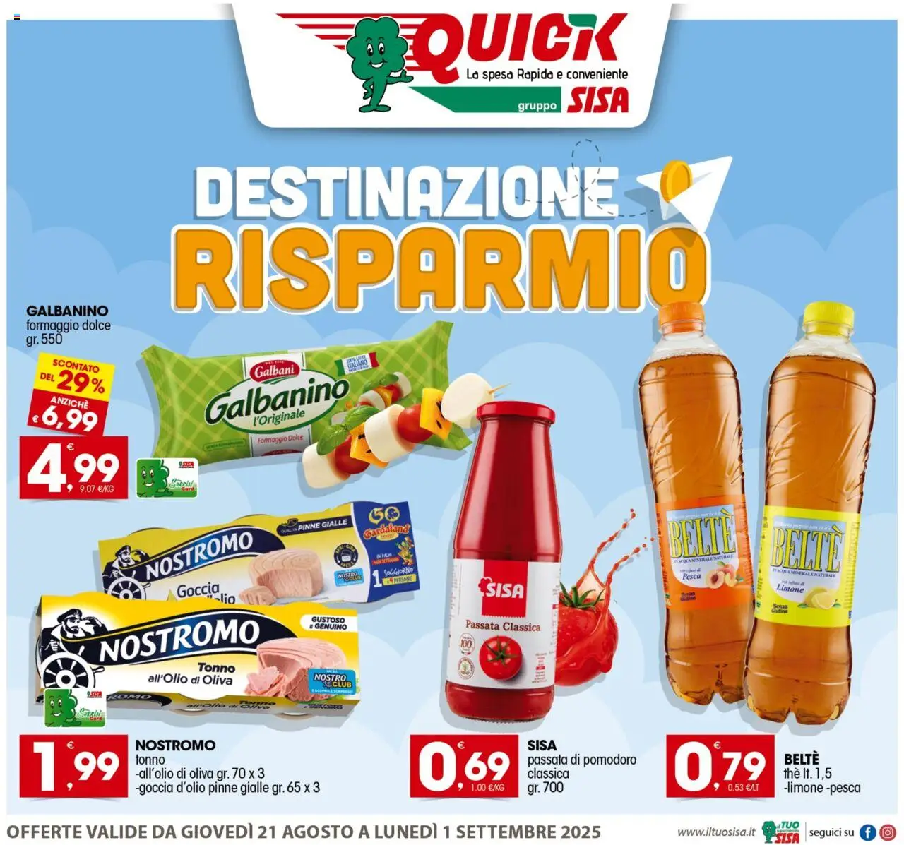 Volantino SISA del 21.08.2025 | Pagina: 1 | Prodotti: Pomodoro, Formaggio, Passata di pomodoro, The