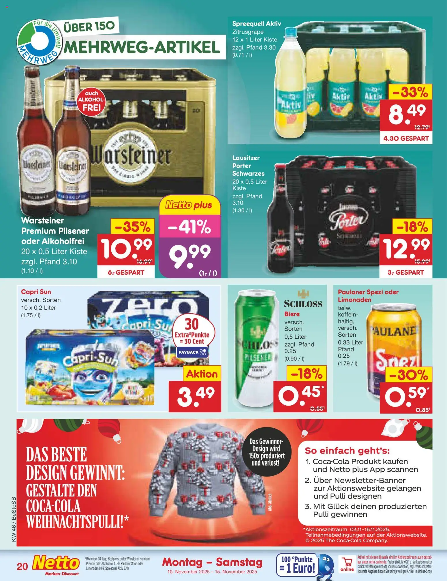 Netto Marken-Discount Prospekt 	 – gültig ab 10.11.2025 | Seite: 20 | Produkte: Capri sun, Paulaner spezi, Warsteiner, Paulaner