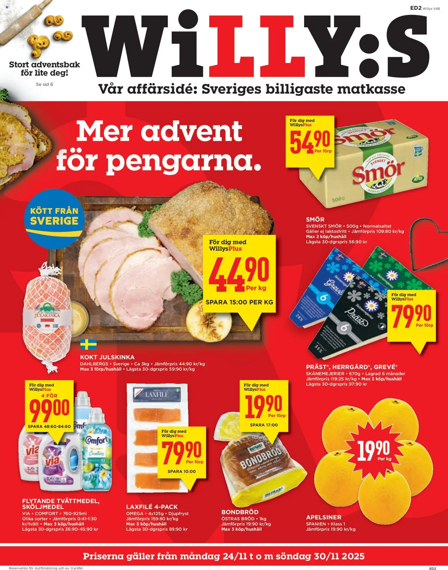 Willys reklamblad aktuell från 24.11.2025 | Sida: 1 | Produkter: Sköljmedel, Smör, Bröd, Apelsiner