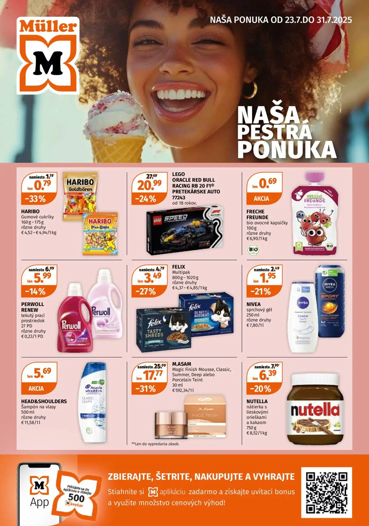 Müller leták │ platný od 23.07.2025 | Strana: 1 | Produkty: Felix, Nivea, Šampón, Cukríky