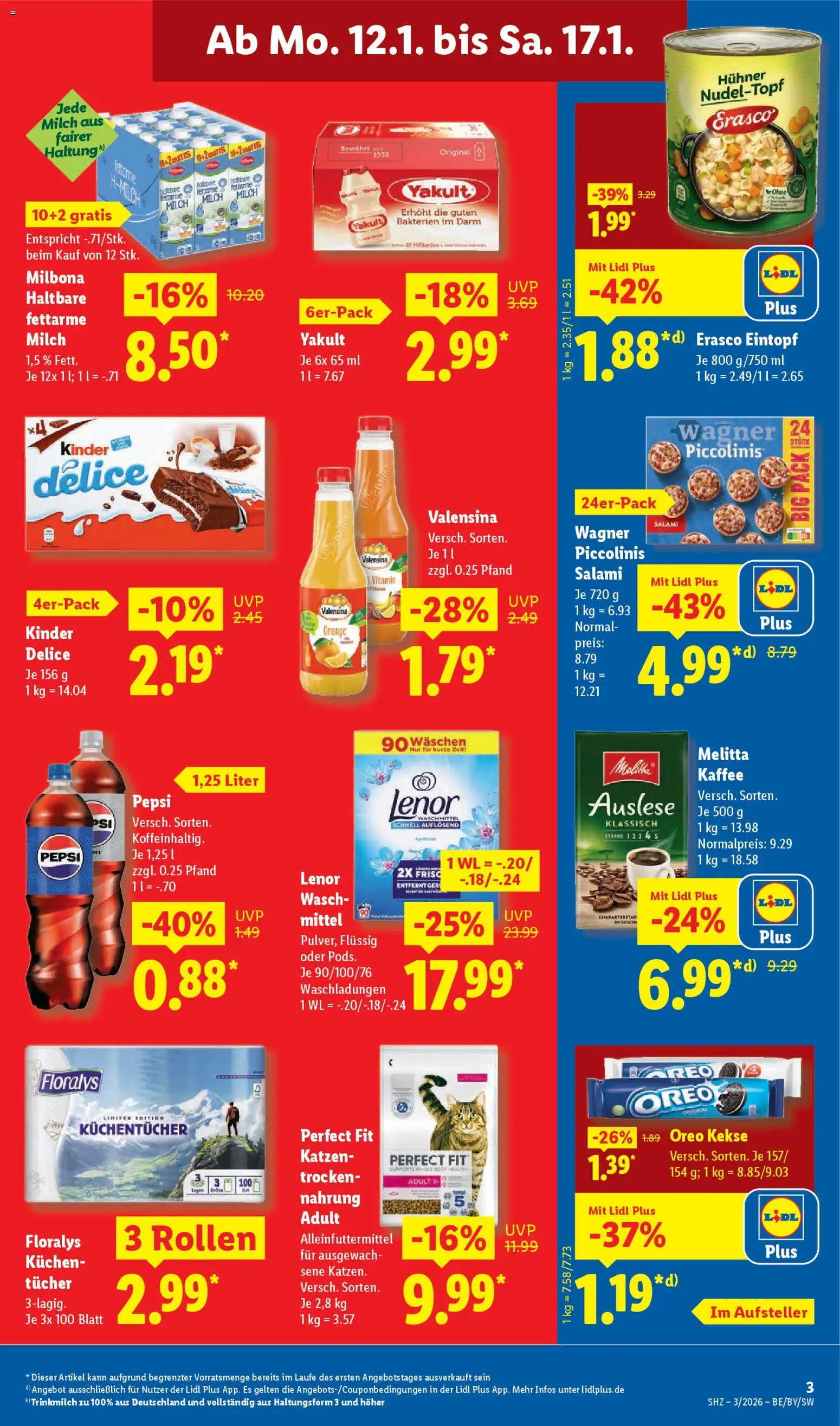 Lidl Prospekt Traunreut – gültig ab 12.01.2026 | Seite: 3 | Produkte: Melitta, Kaffee, Pepsi, Kuchen