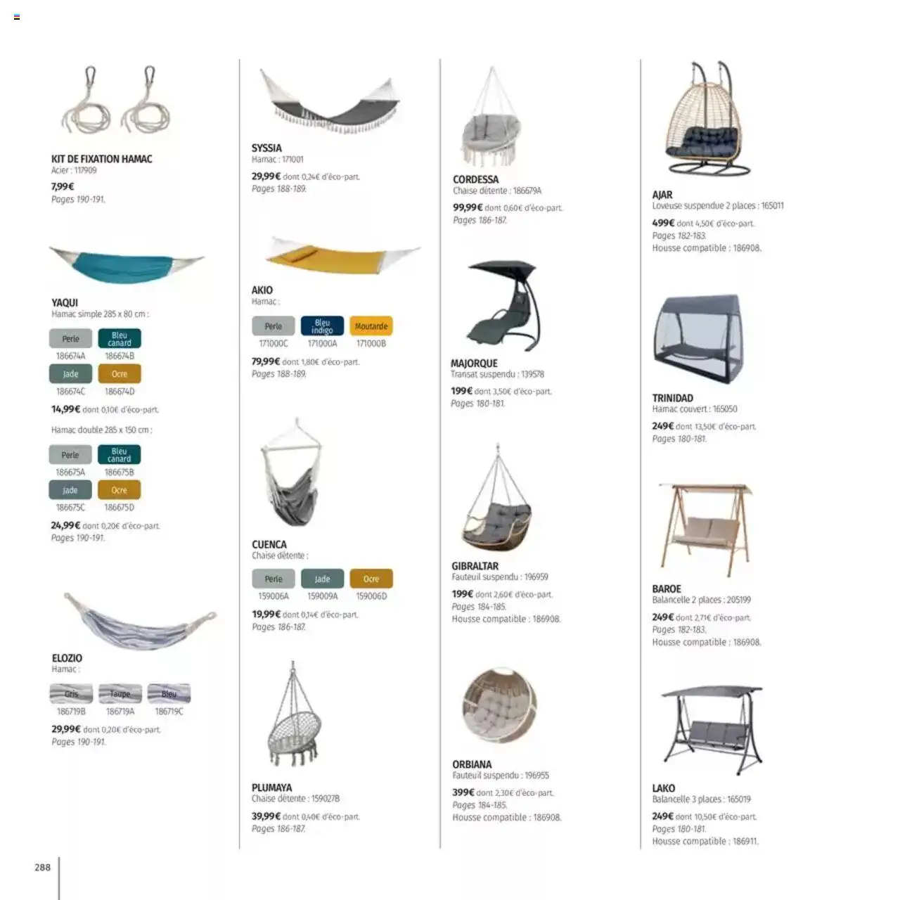  | Page: 288 | Produits: Hamac, Fauteuil, Chaise, Moutarde