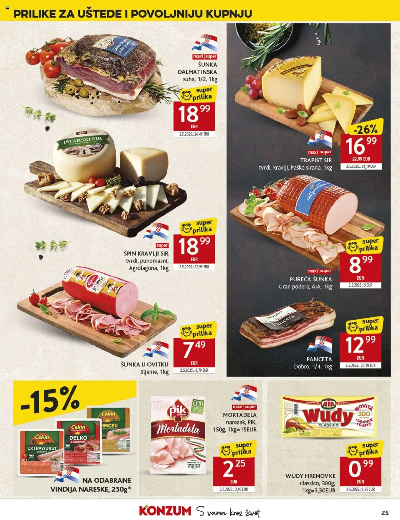 Konzum katalog | vrijedi od 22.10.2025 | Stranica: 25 | Proizvodi: Vindija, Sir, Šunka, Panceta