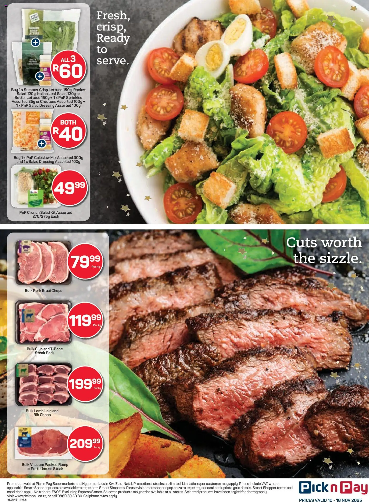 New Pick n Pay catalogue – valid from 10.11.2025 | Page: 6 | Products: Steak, Pork, Salad, Lettuce