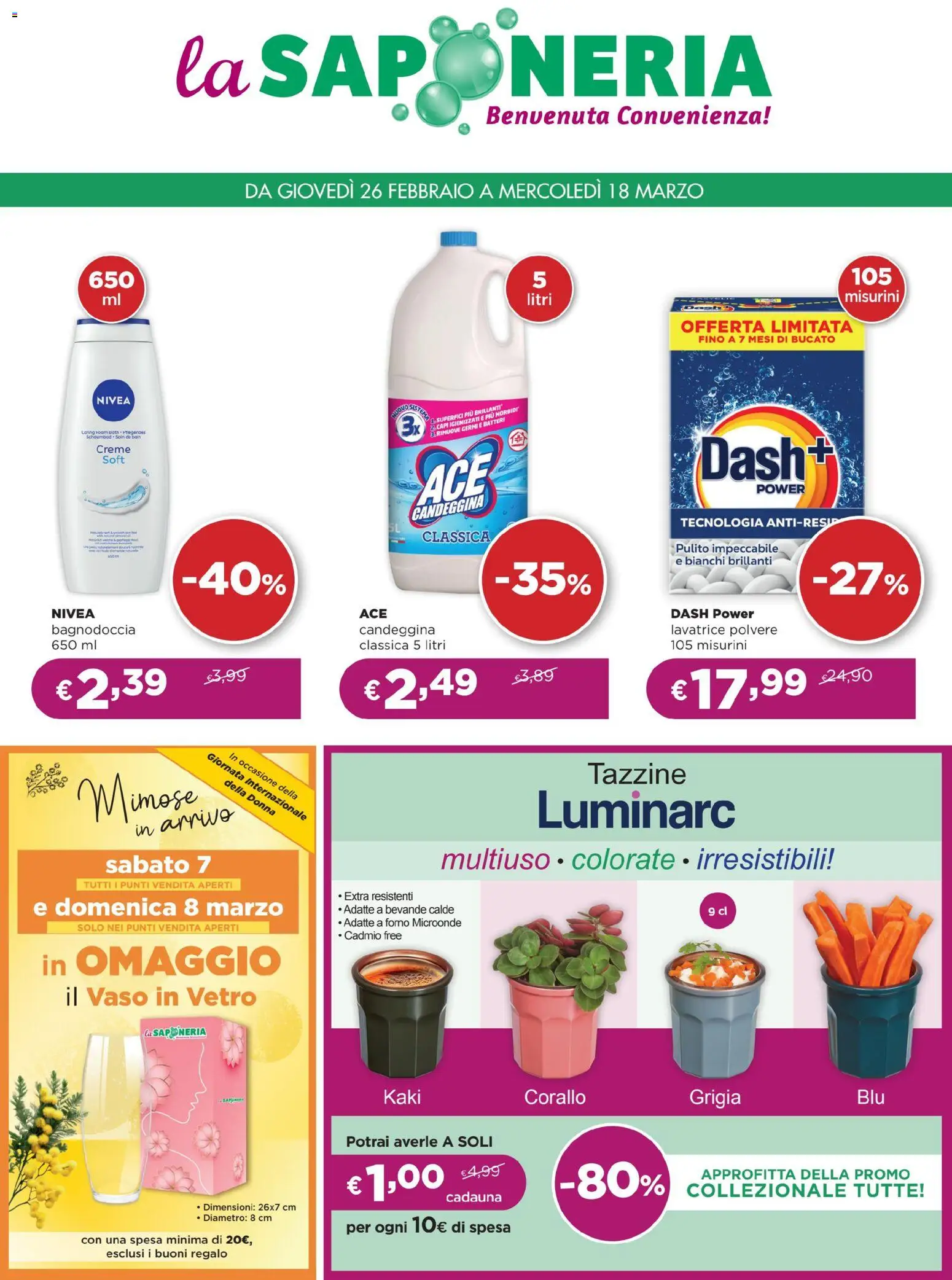 Volantino La Saponeria del 26.02.2026 | Pagina: 1 | Prodotti: Candeggina, Lavatrice, Forno, Vaso