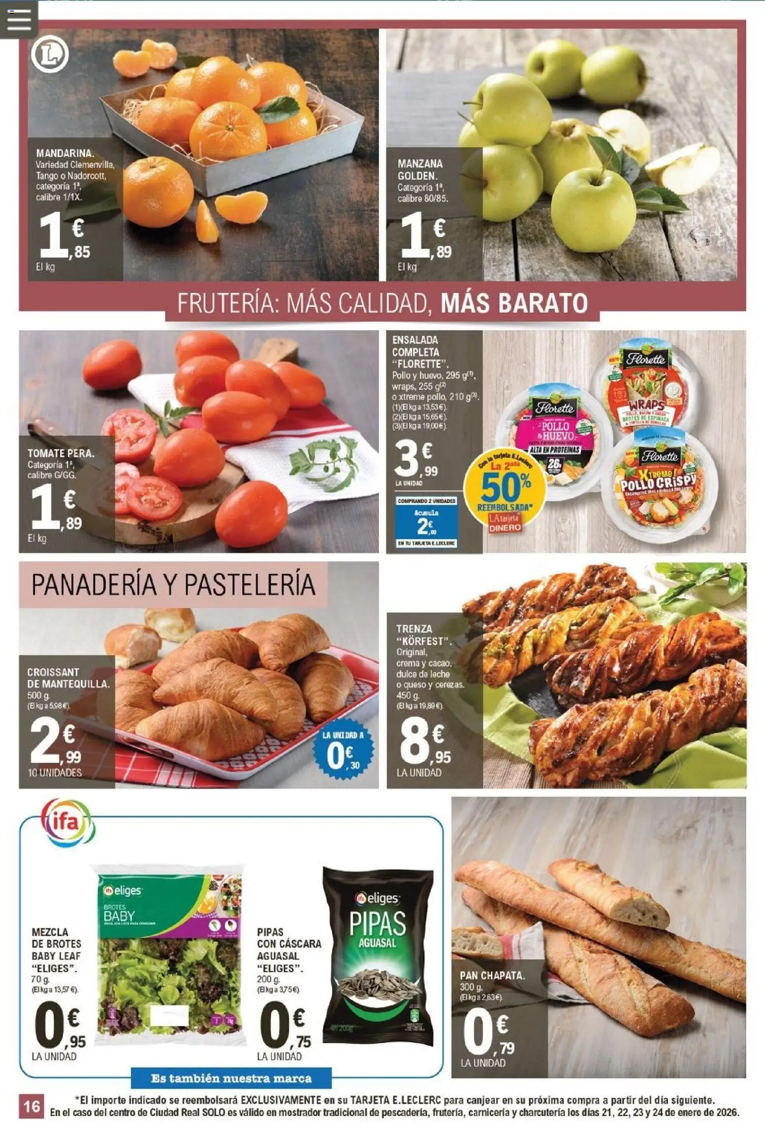 E.Leclerc folleto │ válido desde el 21.01.2026 | Página: 16 | Productos: Espinaca, Leche, Ensalada, Panadería