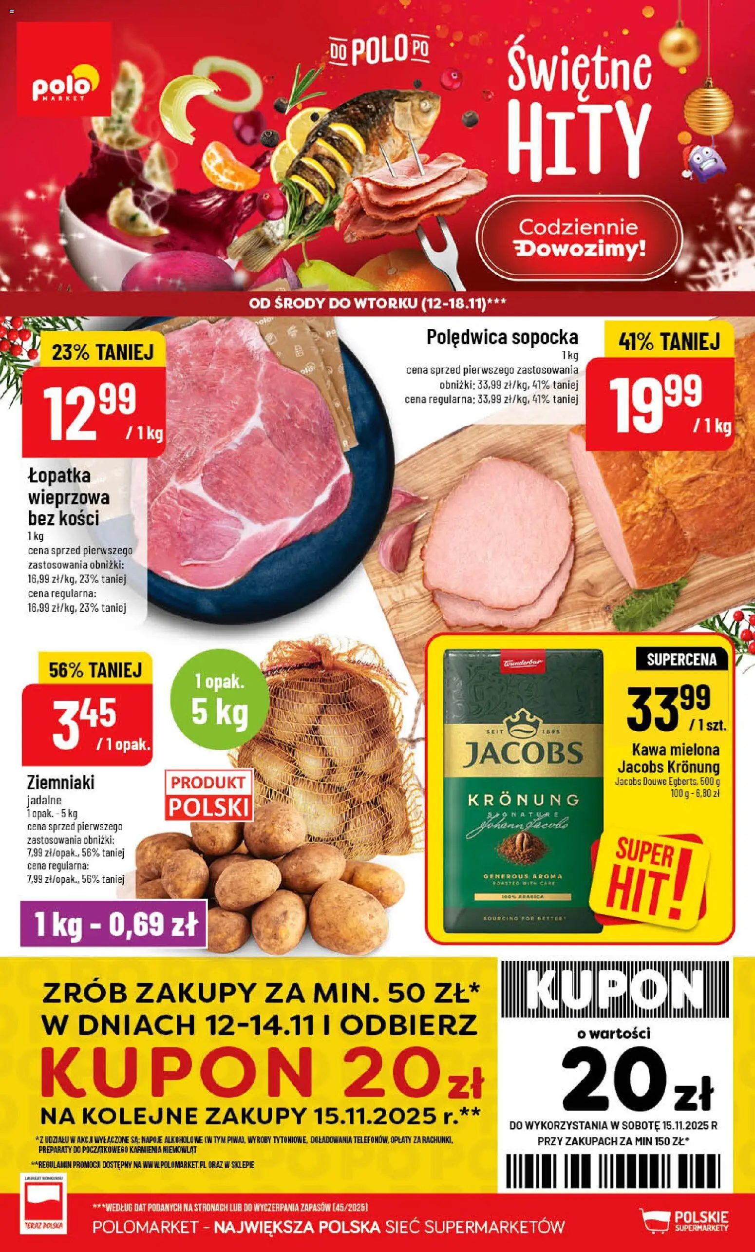 POLOmarket Gazetka od 12.11.2025 | Strona: 1 | Produkty: Napoje, Łopatka wieprzowa, Kawa, Ziemniaki