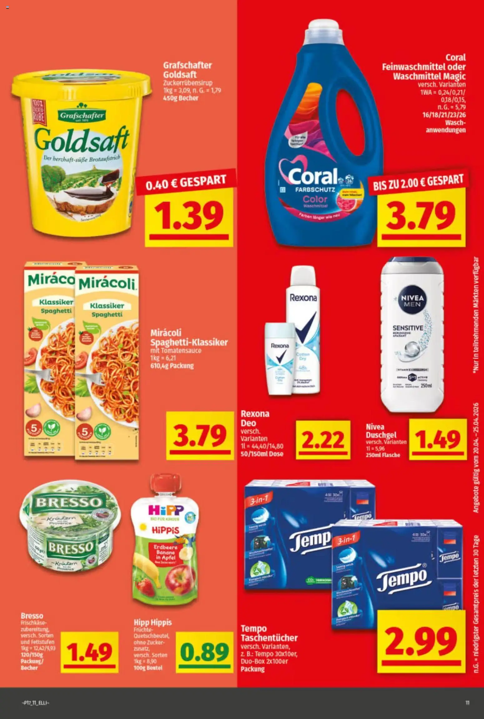 Elli Markt Prospekt Greffen – gültig ab 20.04.2026 | Seite: 11 | Produkte: Coral, Zucker, Tempo, Frischkase