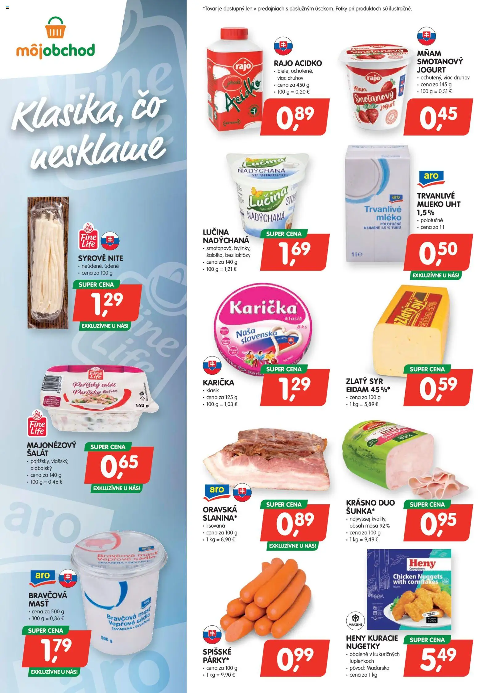 Nové Môj obchod akcie – leták je platný od 10.04.2026 | Strana: 2 | Produkty: Mlieko, Syr, Šalát, Acidko