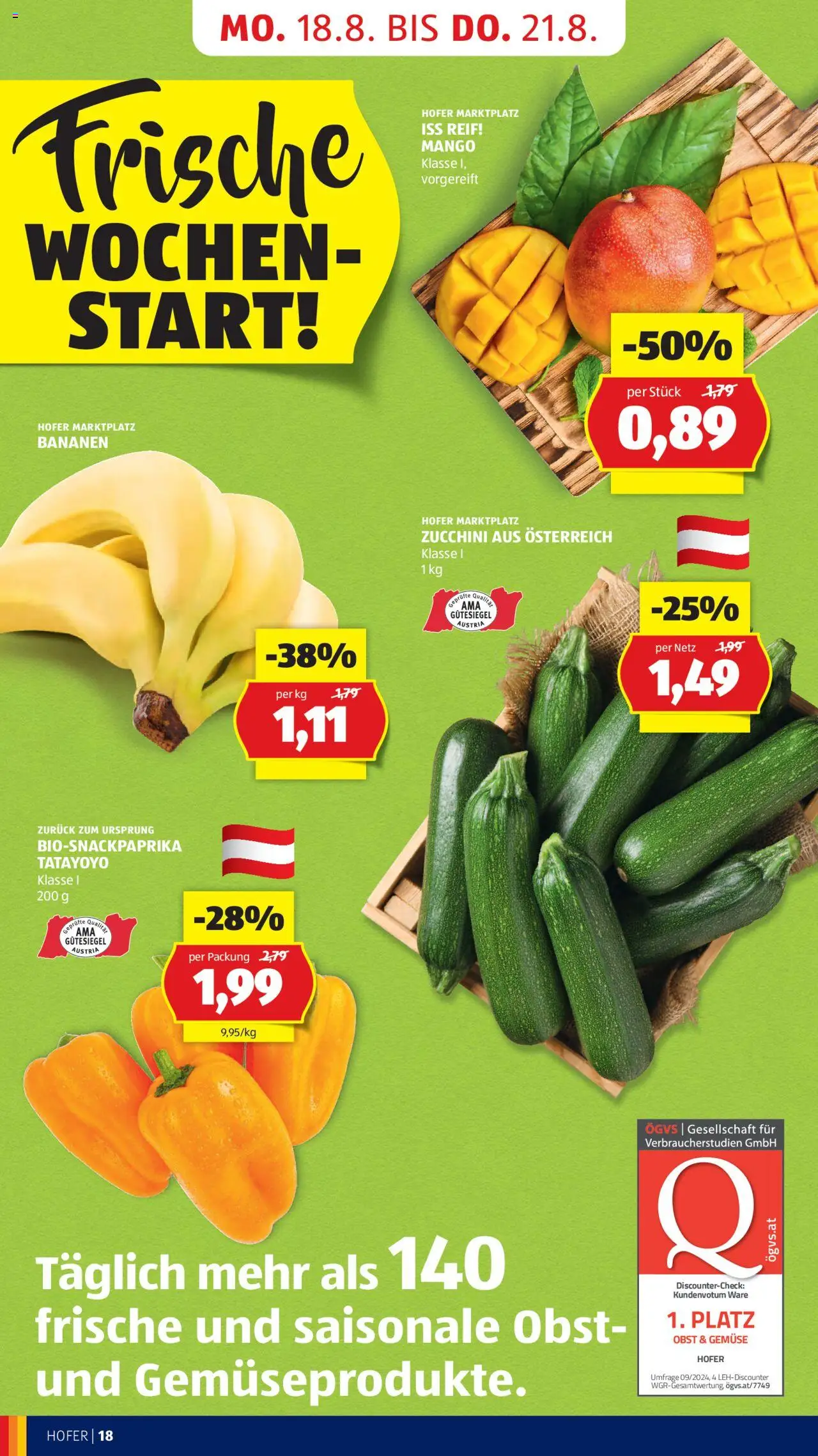 Hofer Flugblatt gültig ab 14.08.2025 | Seite: 20 | Produkte: Gemüse, Obst, Mango, Bananen