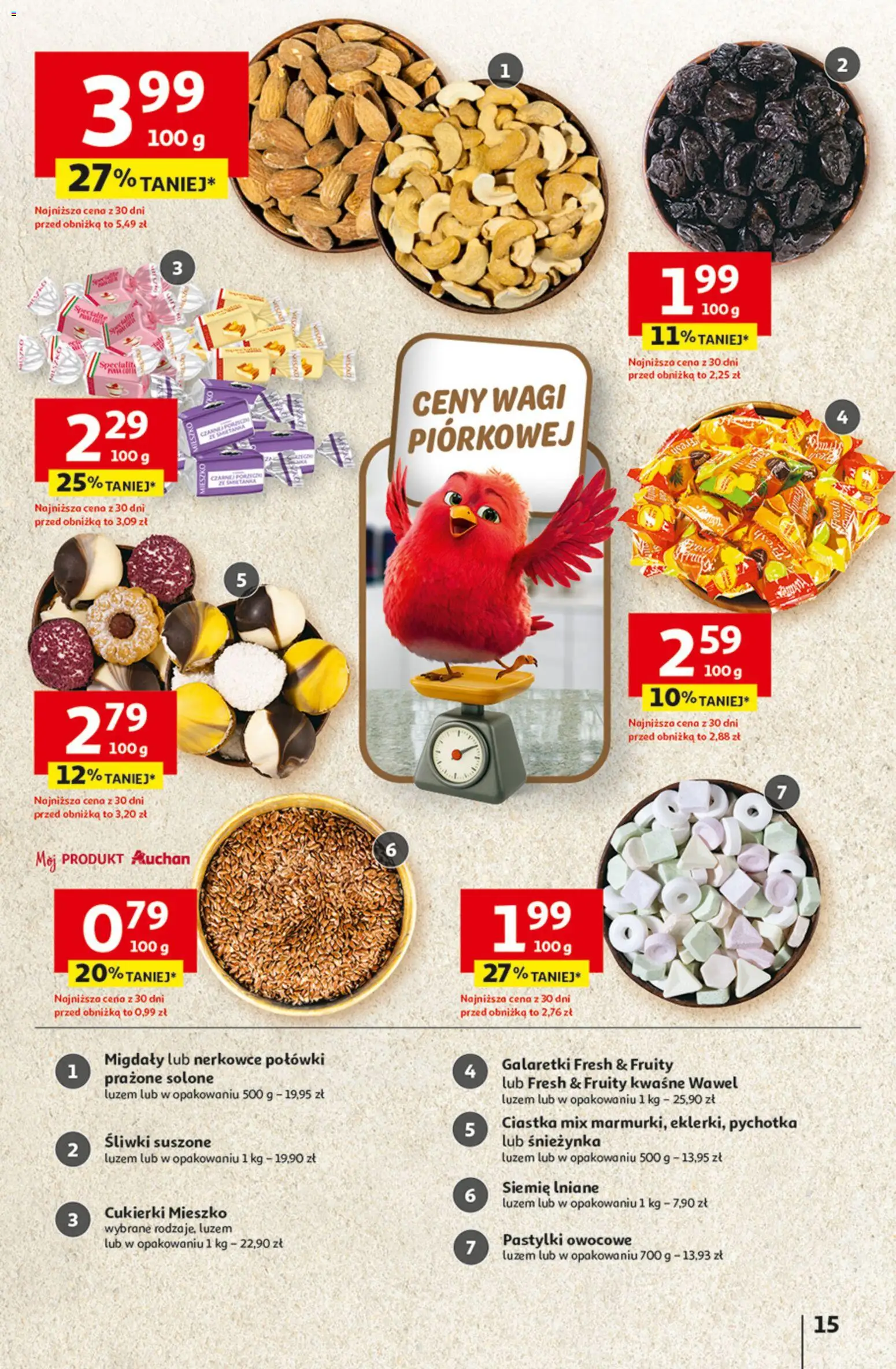 Auchan Gazetka - 30 Lat Hipermarket od 15.01.2026 | Strona: 15 | Produkty: Śliwki, Cukierki, Siemie lniane, Ciastka