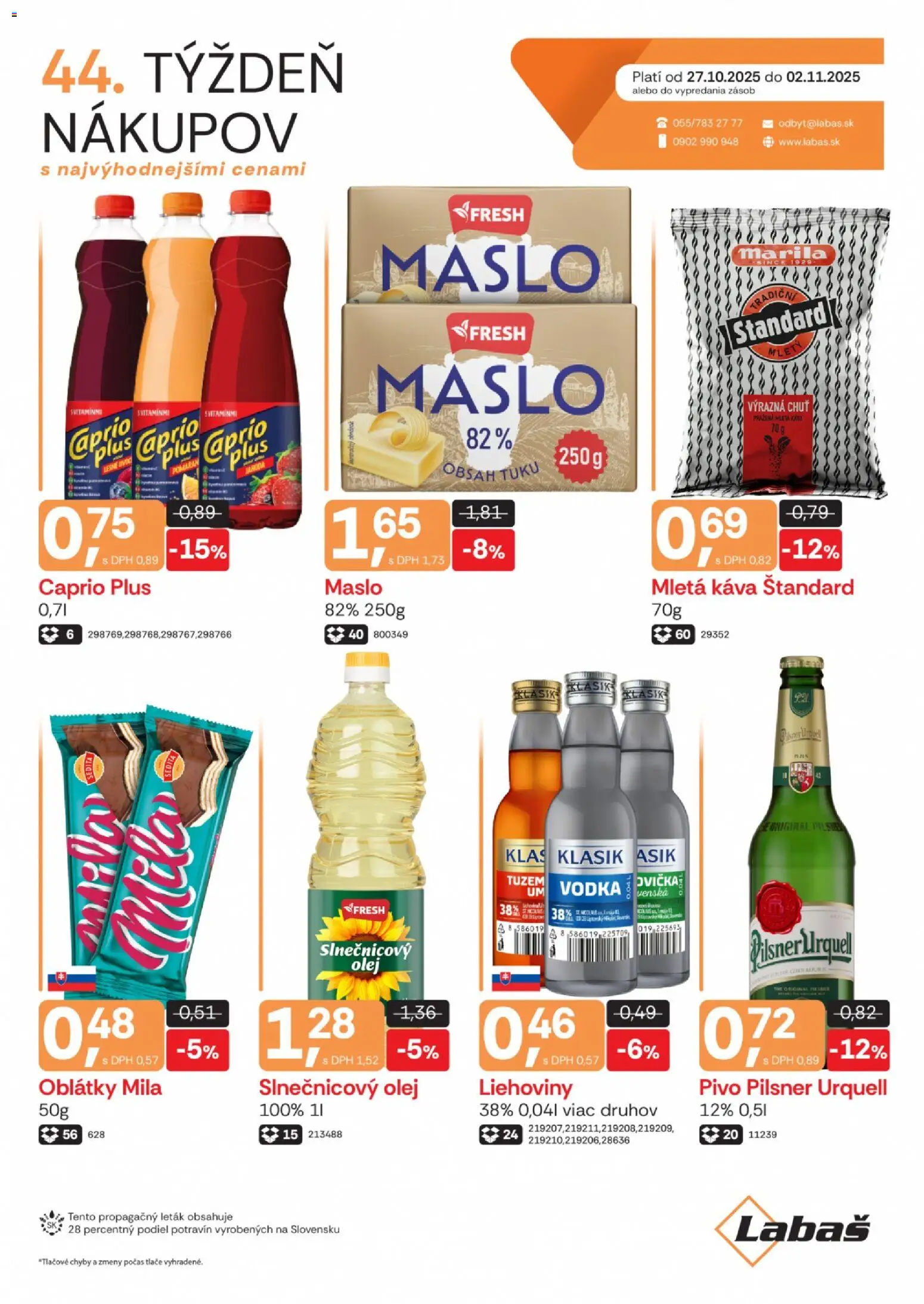 Nové Labaš akcie – leták je platný od 27.10.2025 | Strana: 1 | Produkty: Maslo, Pivo, Slnečnicový olej, Mila