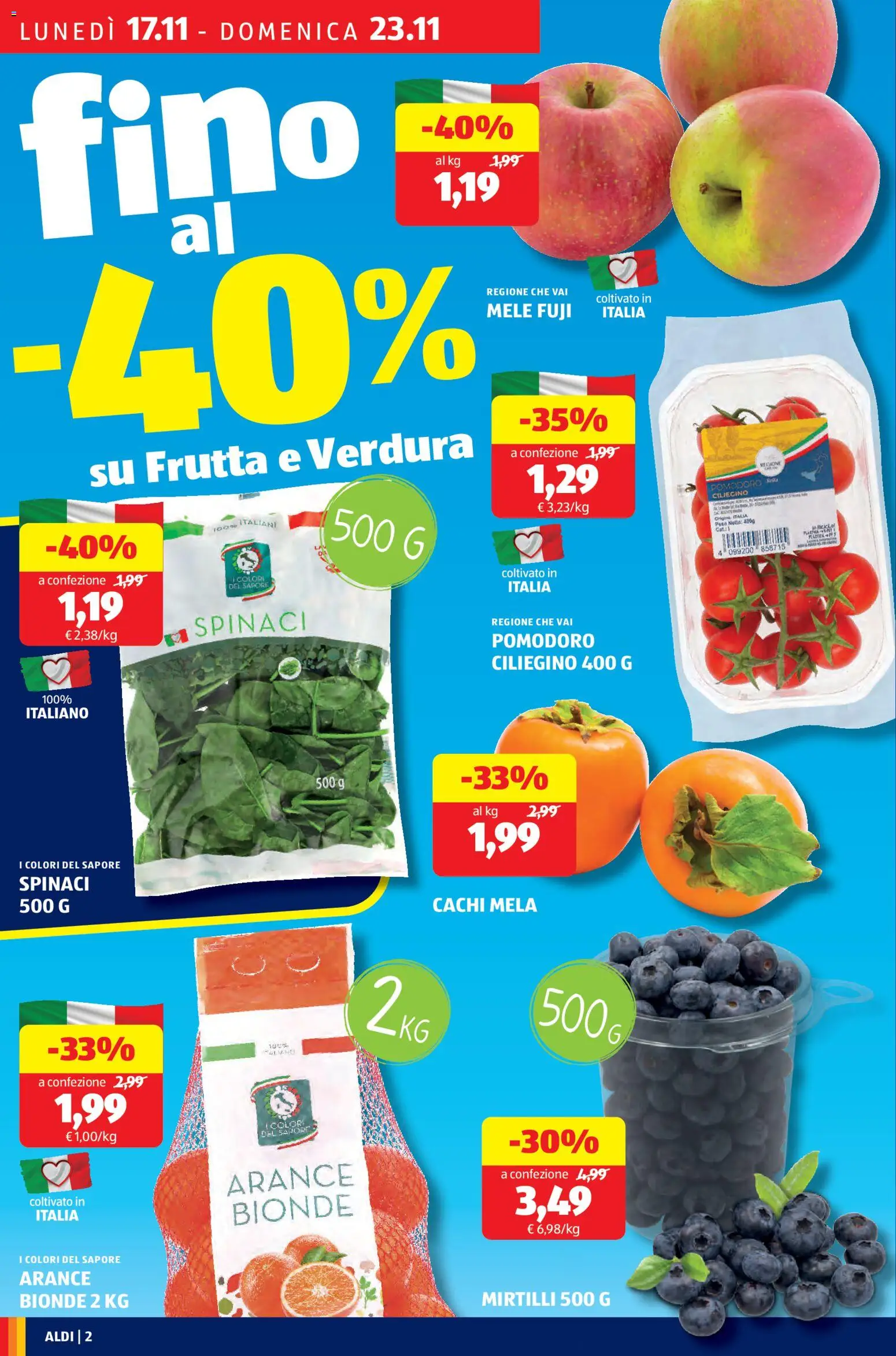 Volantino Aldi del 17.11.2025 | Pagina: 2 | Prodotti: Mele, Pomodoro, Spinaci, Cachi