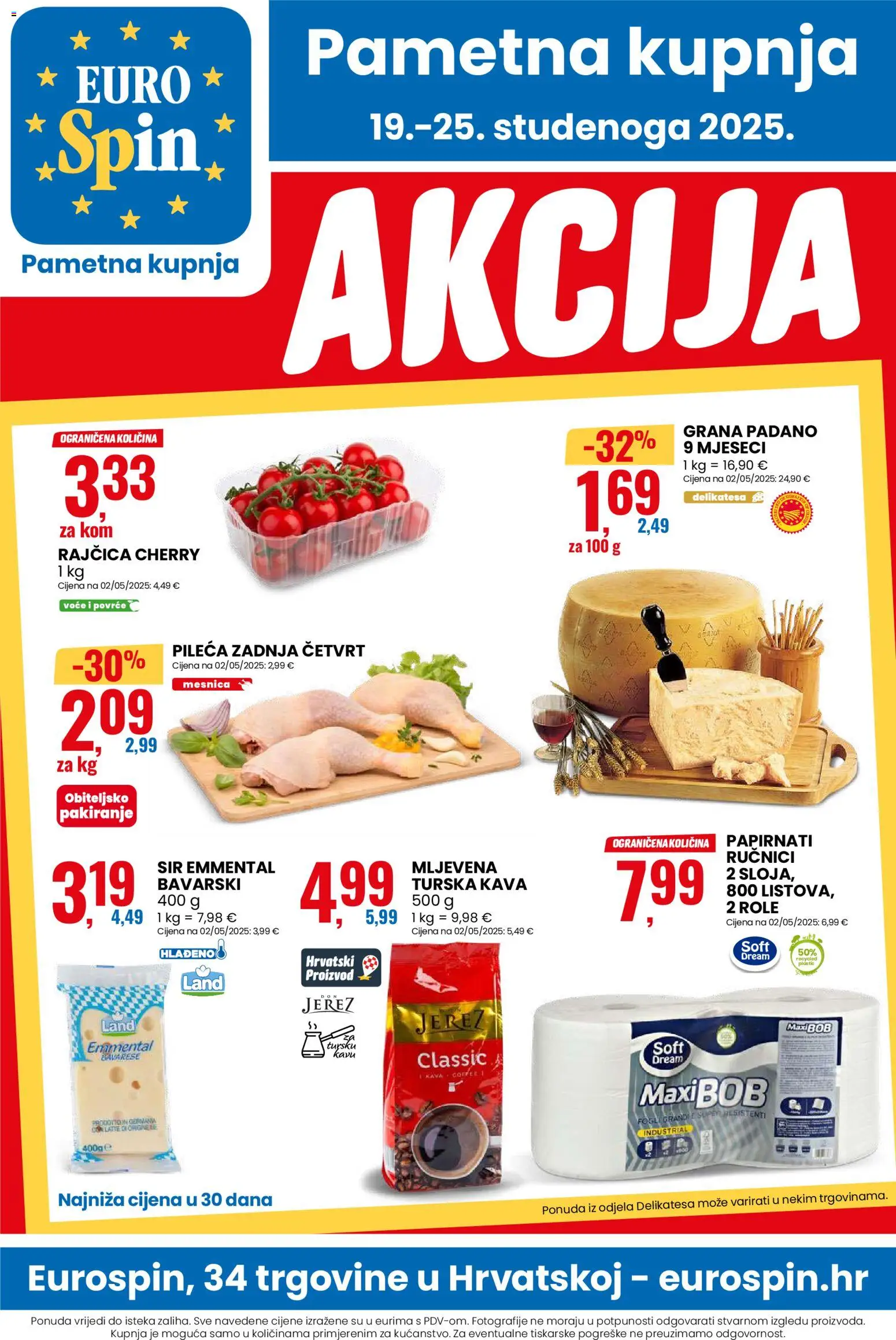 Eurospin katalog | vrijedi od 19.11.2025 | Stranica: 1 | Proizvodi: Grana Padano, Sir, Kava, Rajčica