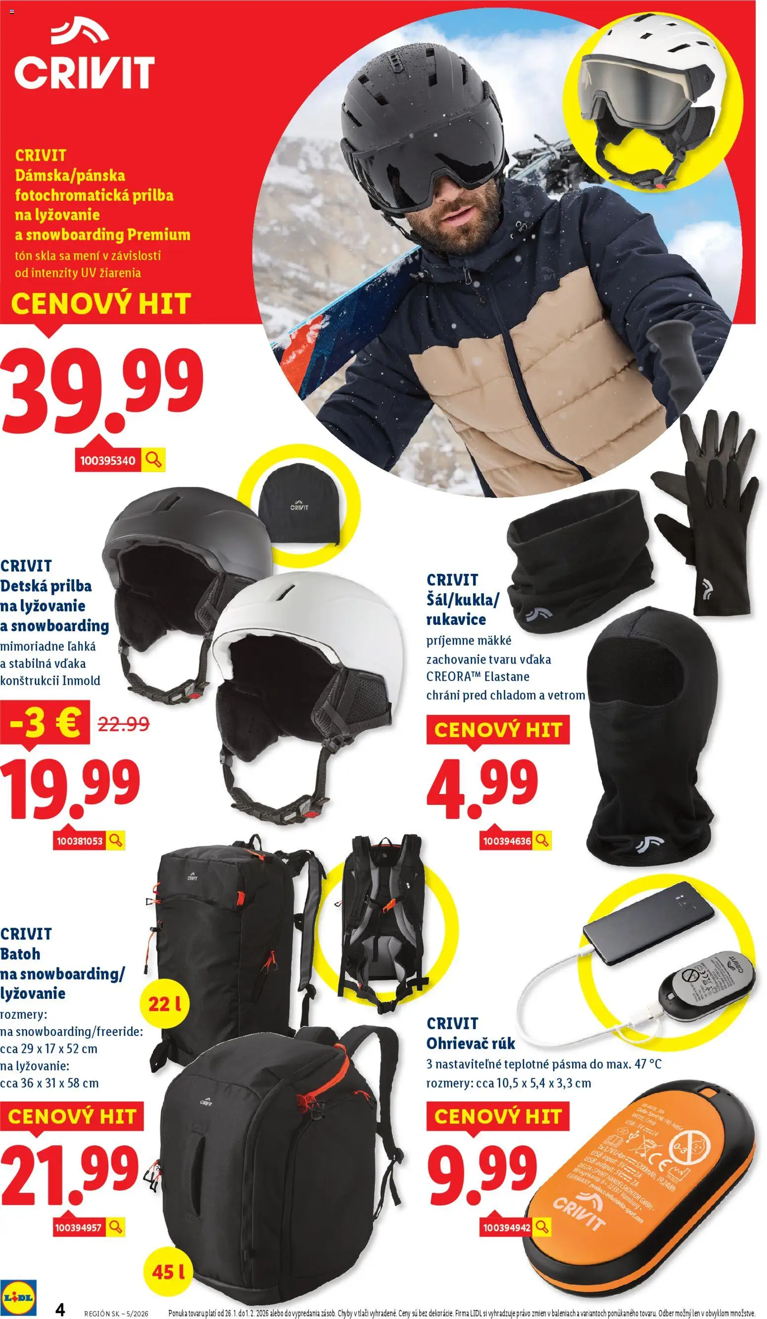 Nové Lidl akcie – leták je platný od 26.01.2026 | Strana: 4 | Produkty: Ohrievač, Batoh, Rukavice, USB