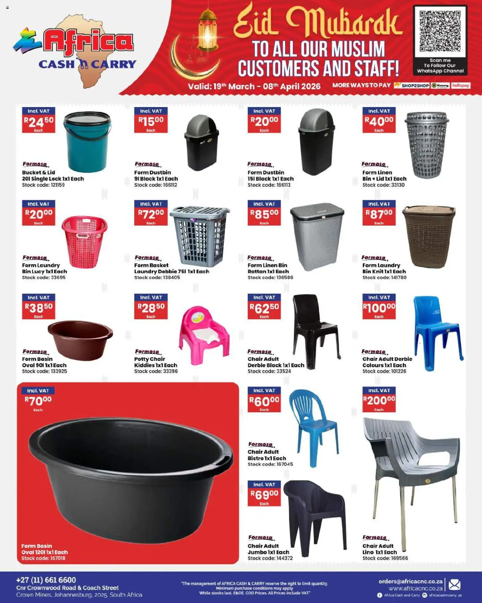 New Africa Cash & Carry catalogue – valid from 19.03.2026 | Page: 102 | Products: Chair, Basket, Basin, Stock