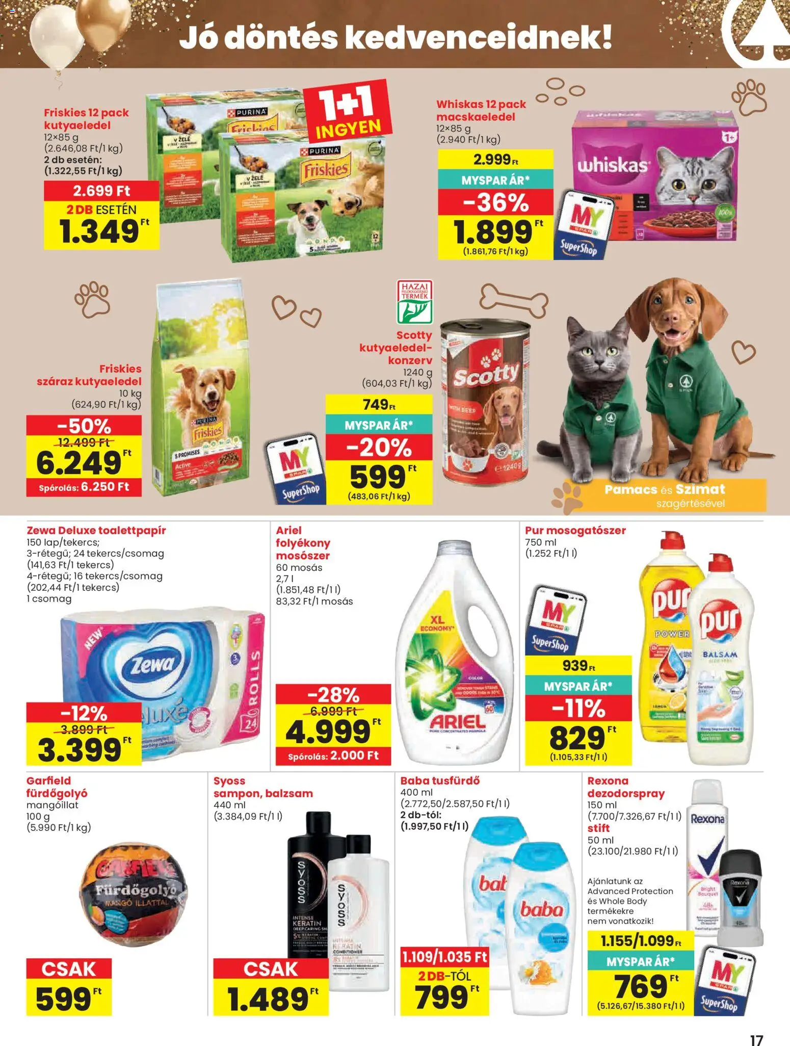 Spar akciós ujság - amely érvényes a következő dátumtól: 23.04.2026 | Oldal: 17 | Termékek: Body, Macskaeledel, Whiskas, Mosogatószer