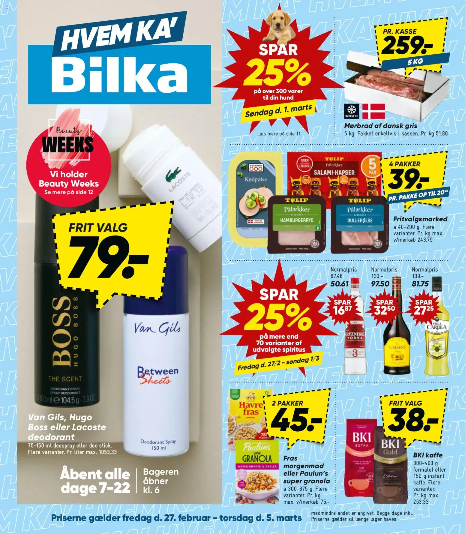 Bilka tilbudsavis – gyldig fra 27.02.2026 | Side: 1 | Produkter: Deodorant, Rullepølse, Hasselnødder, Dadler