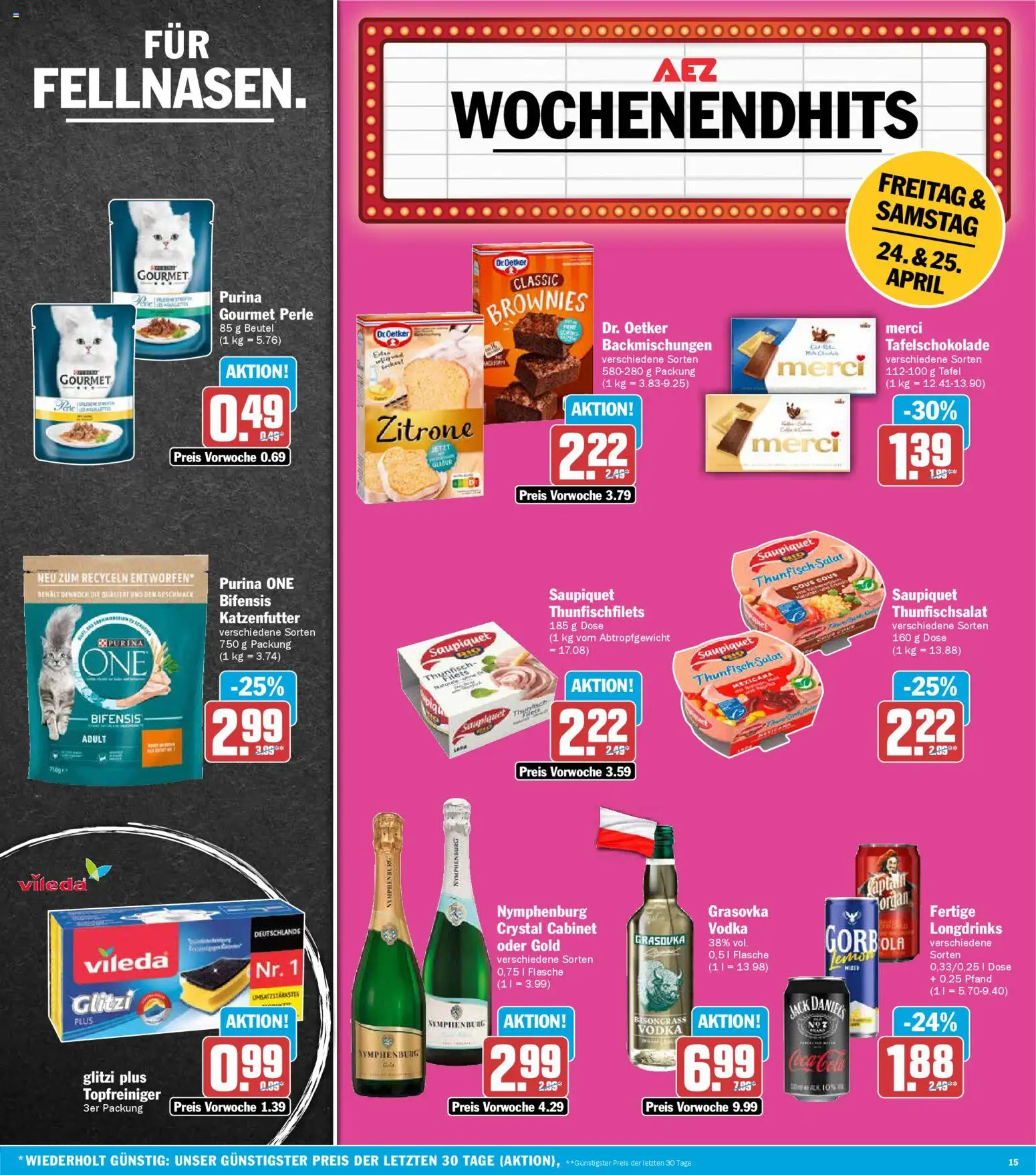 AEZ Prospekt 	 – gültig ab 20.04.2026 | Seite: 15 | Produkte: Purina one, Merci, Katzenfutter, Salat