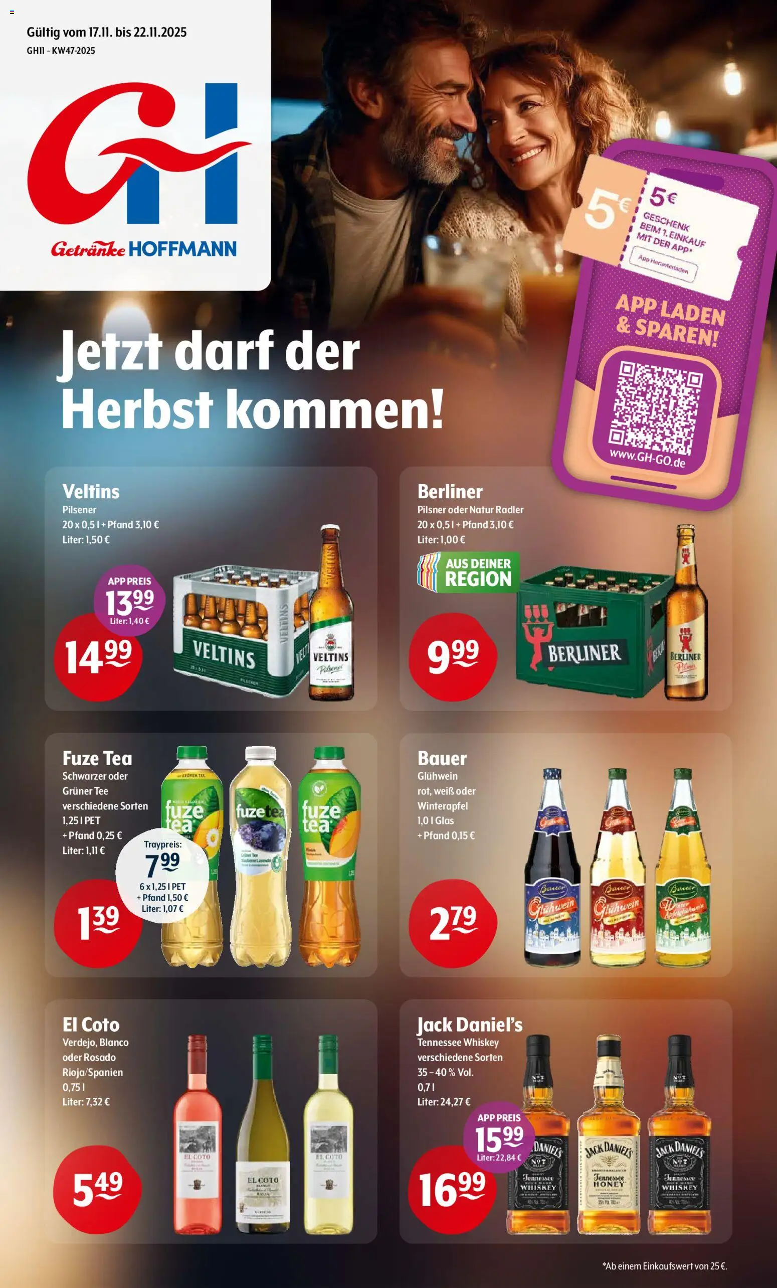 Trink und Spare Prospekt 	 – gültig ab 17.11.2025 | Seite: 1 | Produkte: Fuze tea, Radler, Whiskey, Veltins