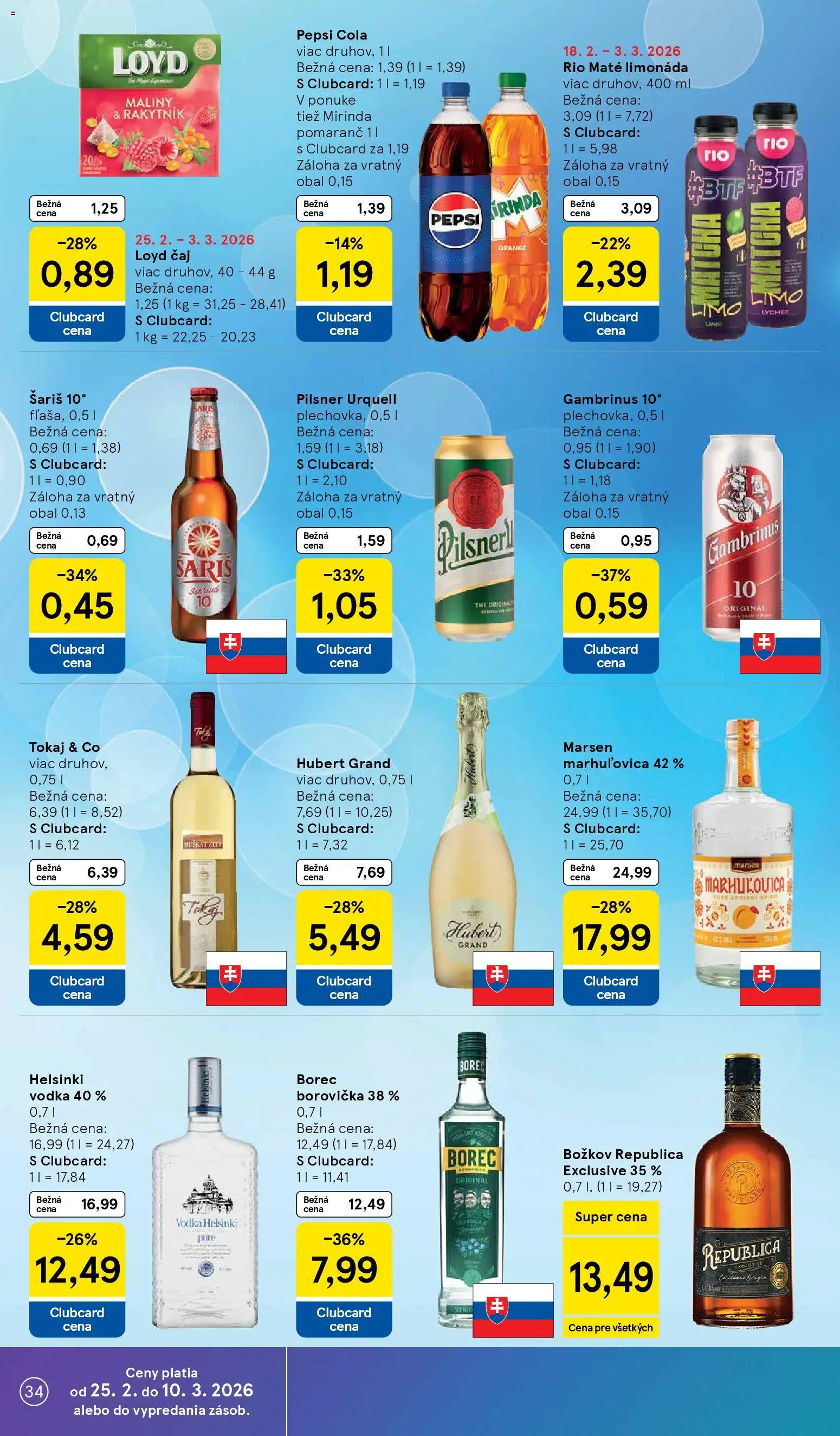 Nové Tesco akcie – leták je platný od 25.02.2026 | Strana: 34 | Produkty: Čaj, Republica, Vodka, Mirinda