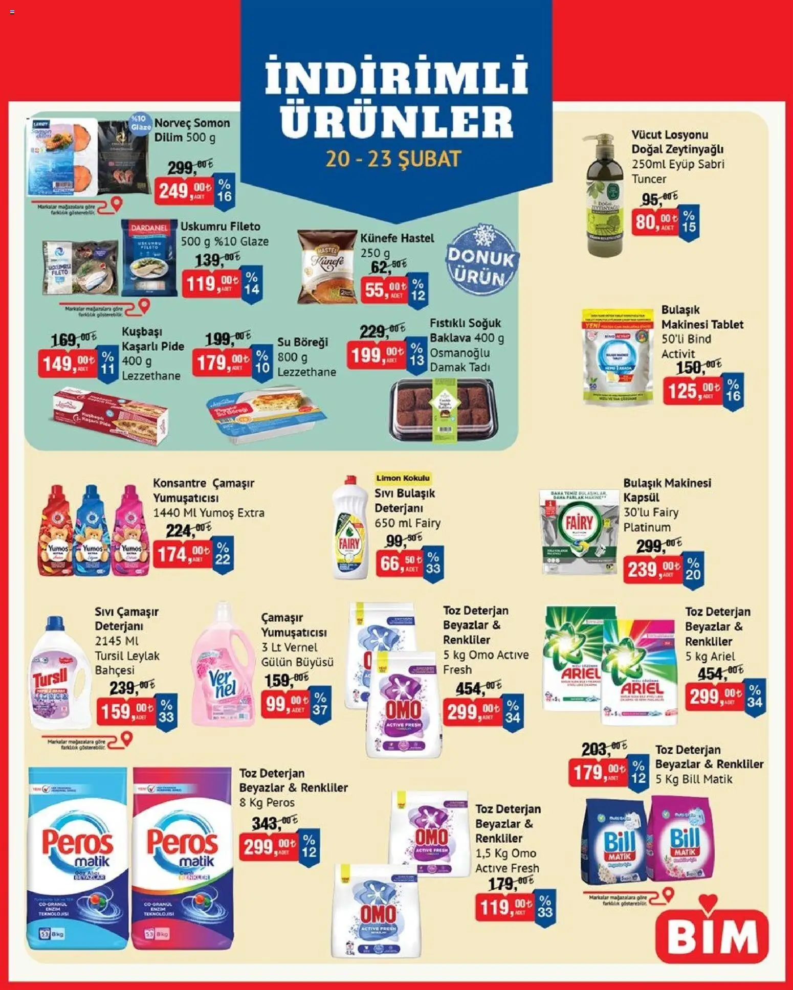 BİM İndirimli Ürünler - 20.02.2026 tarihinden itibaren geçerlidir | Sayfa: 1 | Ürünler: Deterjan, Su, Somon, Bulaşık makinesi