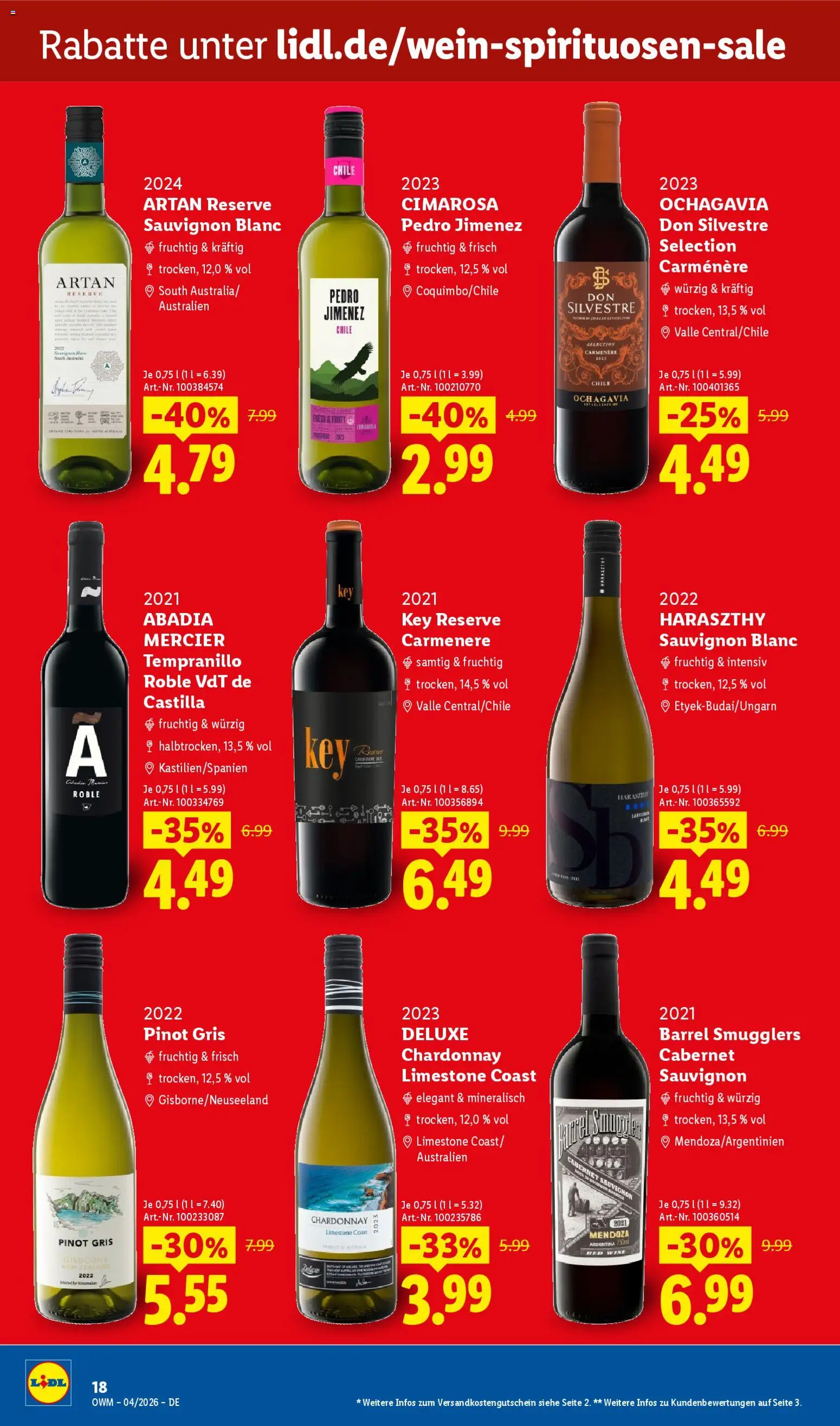 Lidl Německo leták - Wein & Spirituosen od 01.04.2026 | Strana: 18 | Produkty: Deluxe, Pinot Gris
