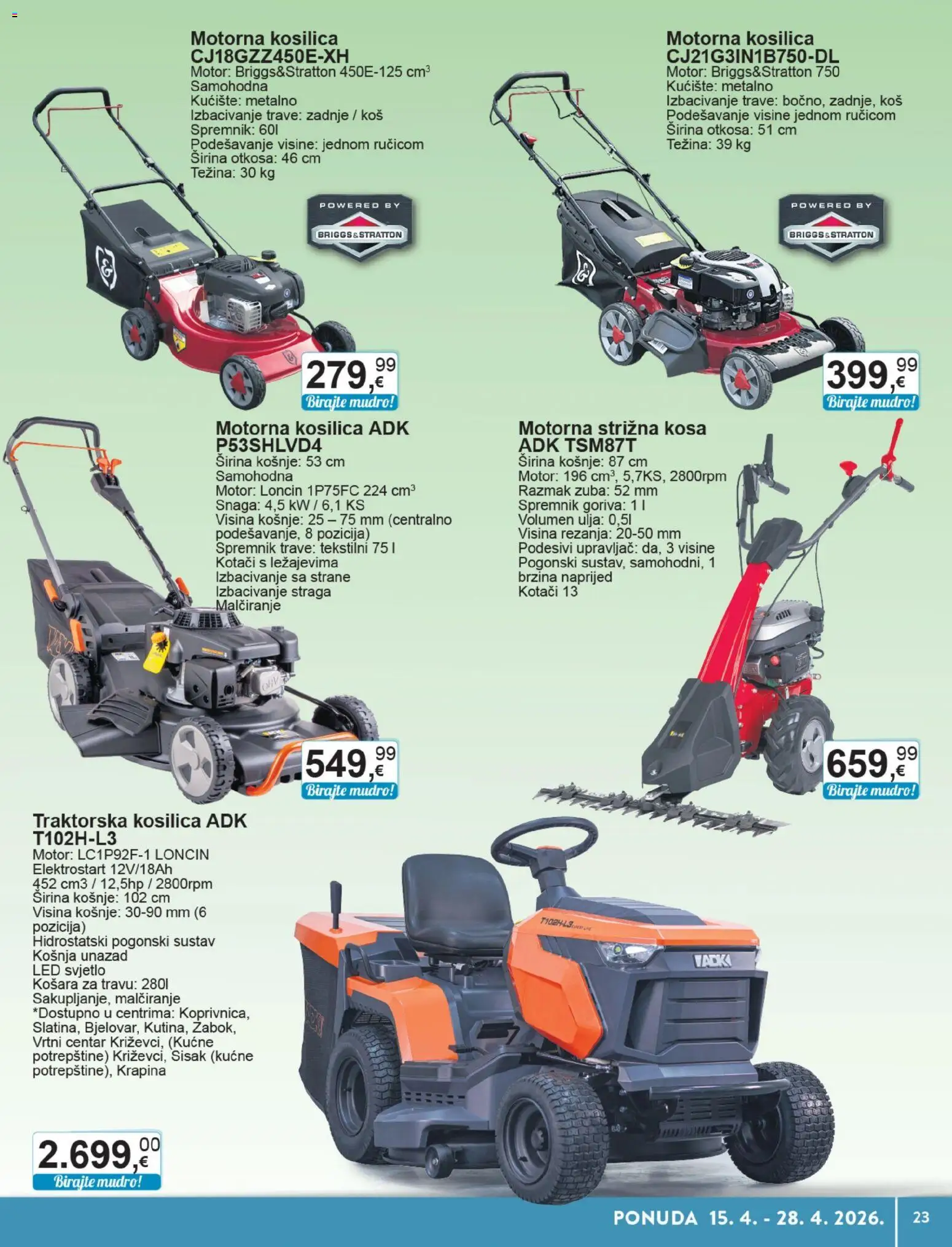 KTC katalog | vrijedi od 15.04.2026 | Stranica: 23 | Proizvodi: Kosilica, Košara, Traktorska kosilica