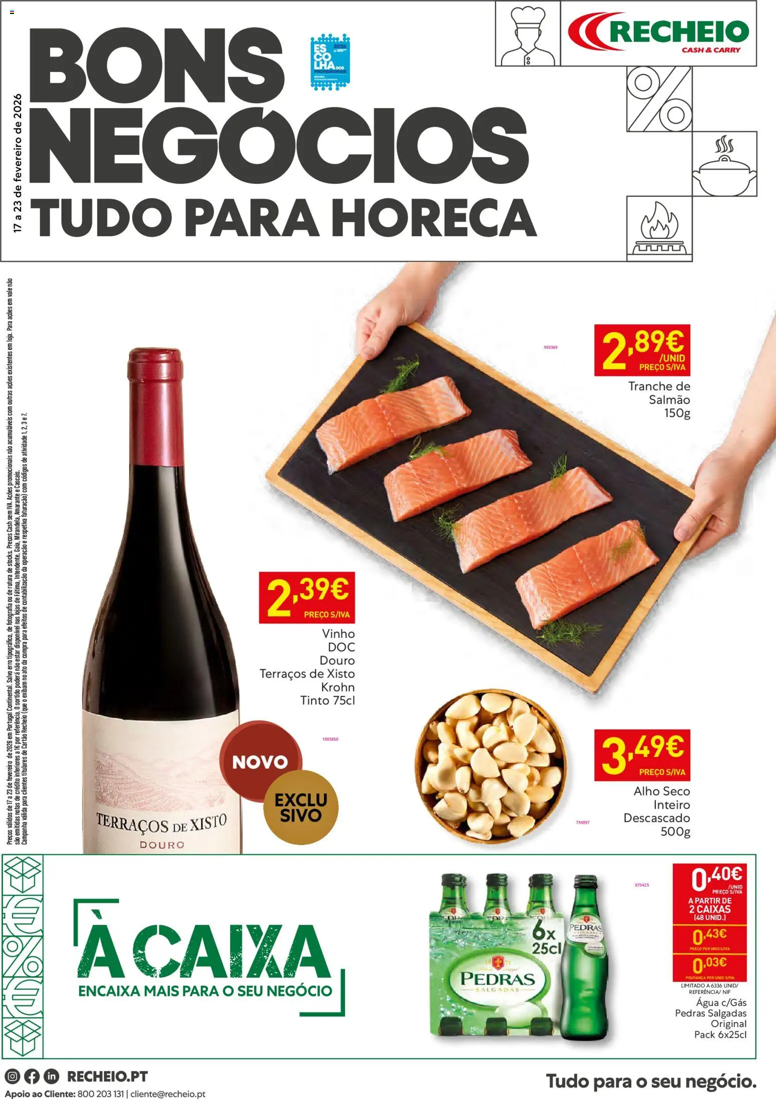 Recheio Horeca │ válido de 17.02.2026 | Página: 1 | Produtos: Agua, Salmão, Caixa, Vinho