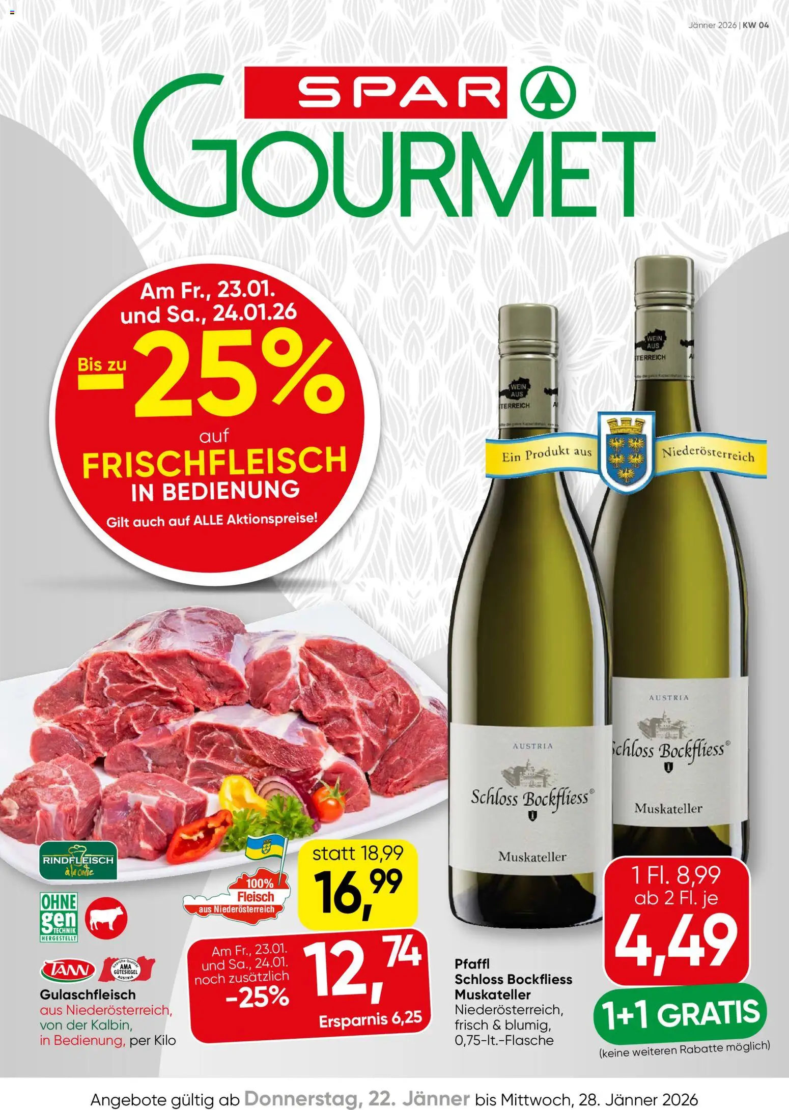 SPAR Gourmet Flugblatt gültig ab 22.01.2026 | Seite: 1 | Produkte: Wein, Rindfleisch