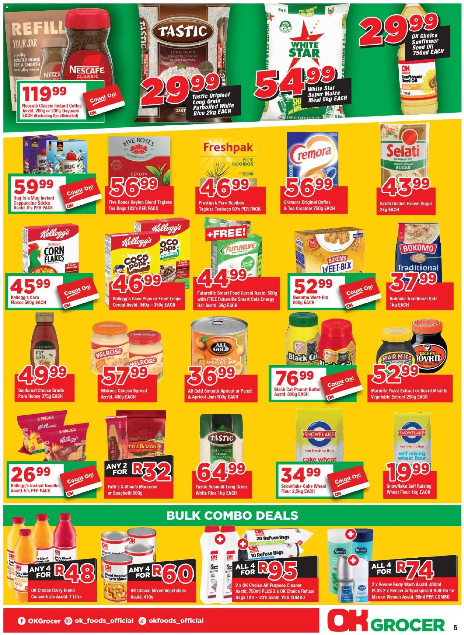 New OK Foods catalogue – valid from 24.04.2026 | Page: 5 | Products: Flour, Peanut butter, Body wash, Peach