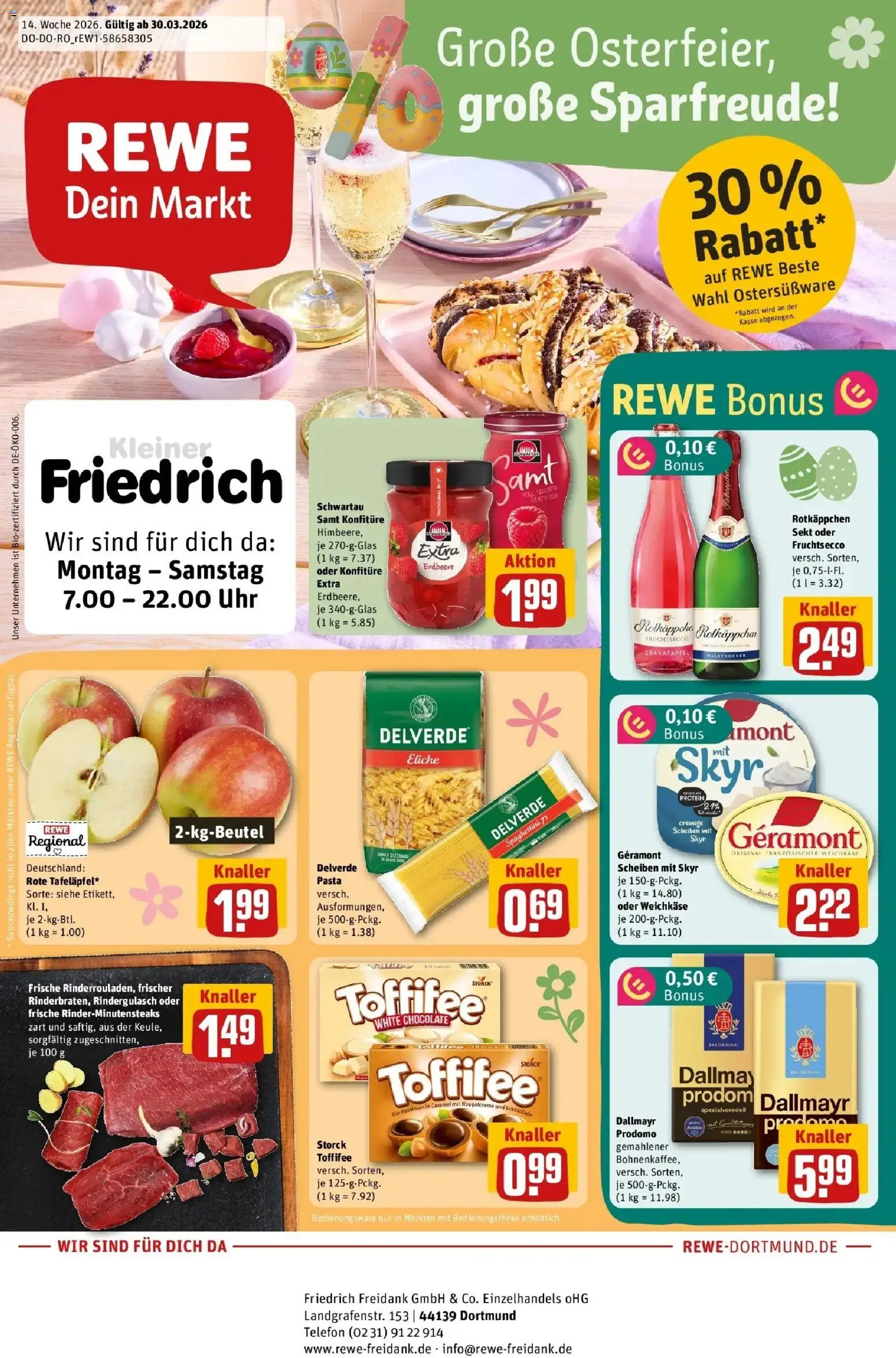 Rewe Prospekt Dortmund	 – gültig ab 30.03.2026 | Seite: 1 | Produkte: Geramont, Rindergulasch, Granatapfel, Rotkäppchen