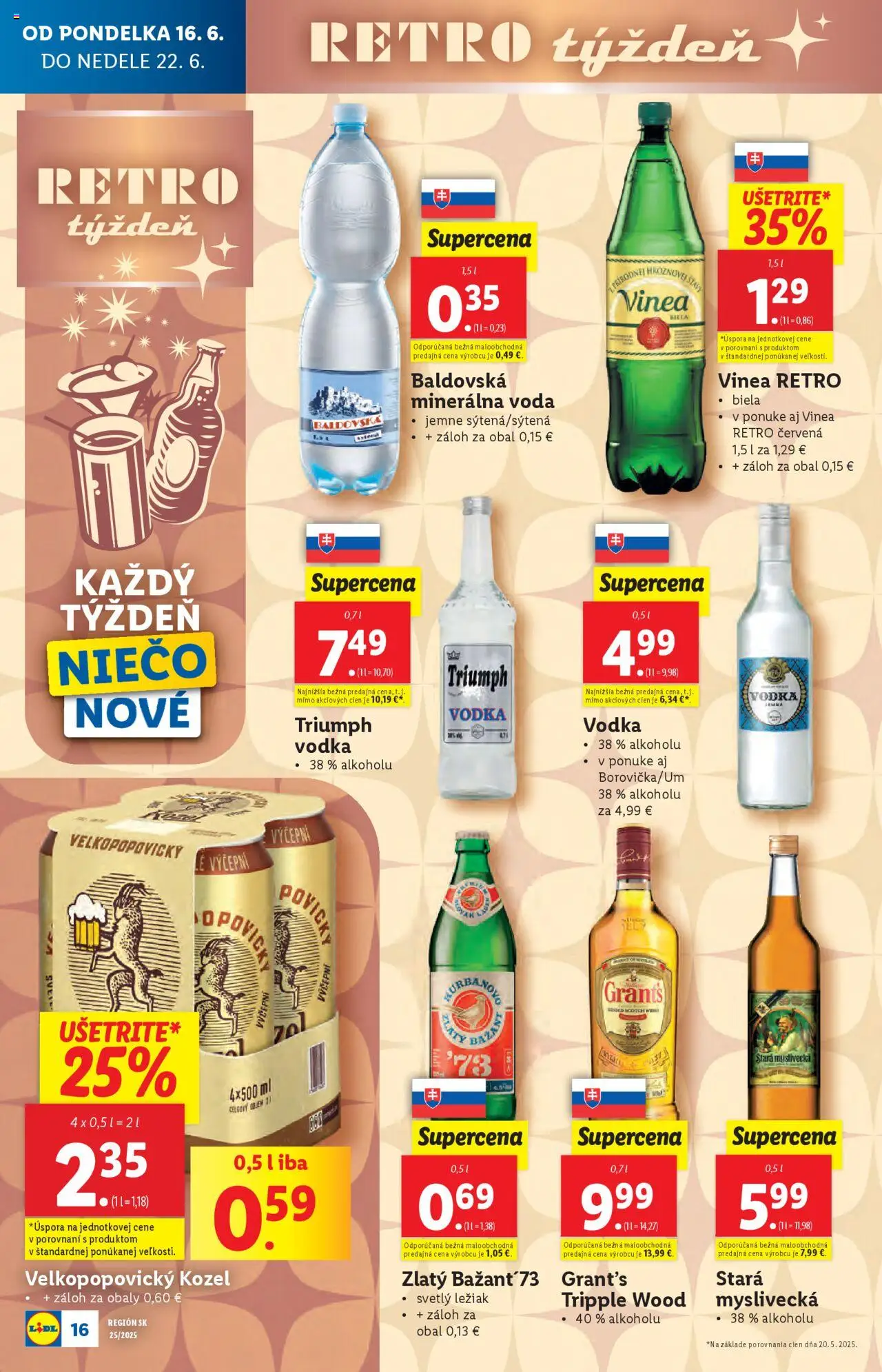 Lidl leták │ platný od 16.06.2025 | Strana: 20 | Produkty: Zlatý Bažant, Voda, Minerálna voda, Vinea