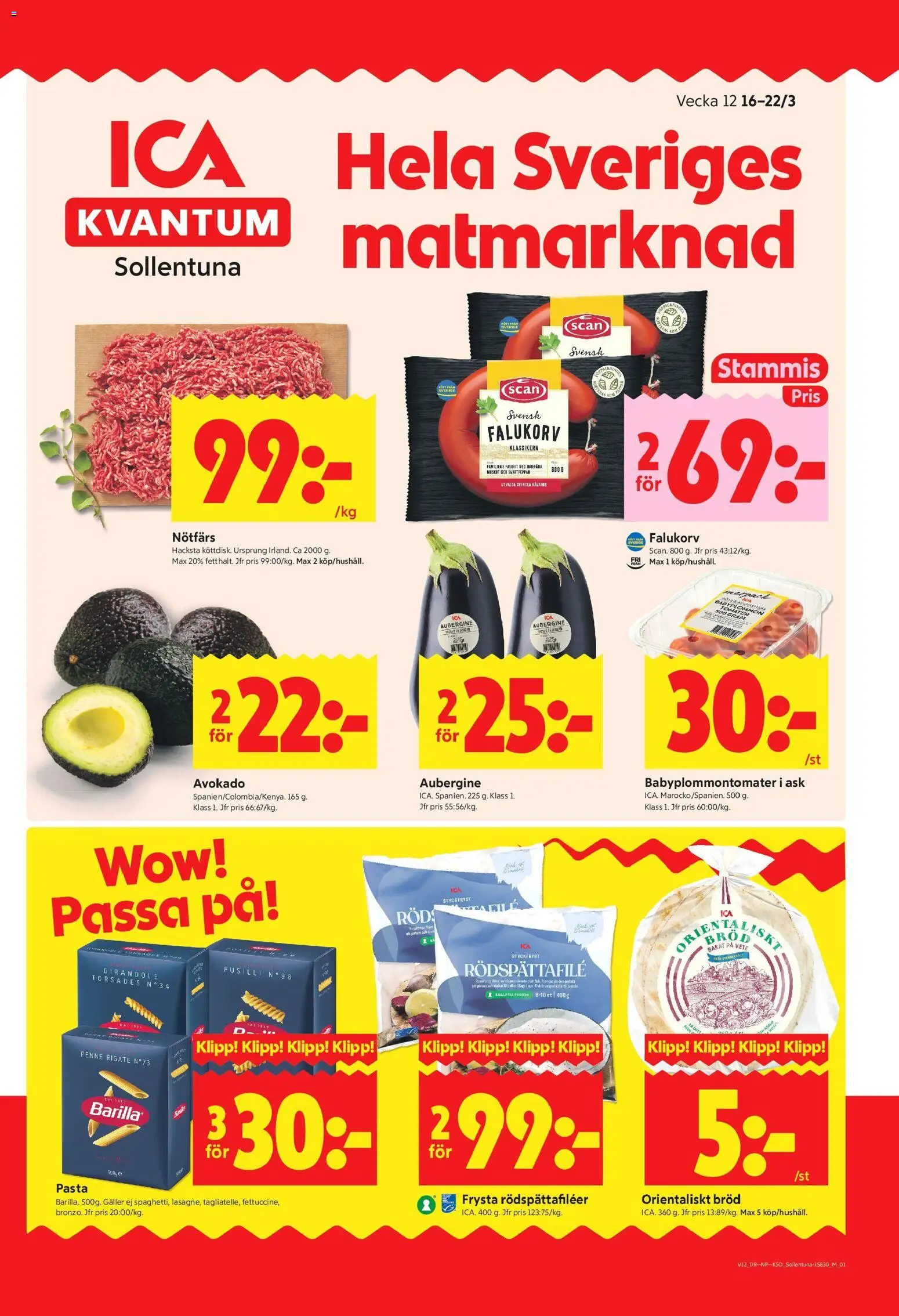 ICA Kvantum reklamblad aktuell från 16.03.2026 | Sida: 1 | Produkter: Nötfärs, Bröd, Tomater, Pasta