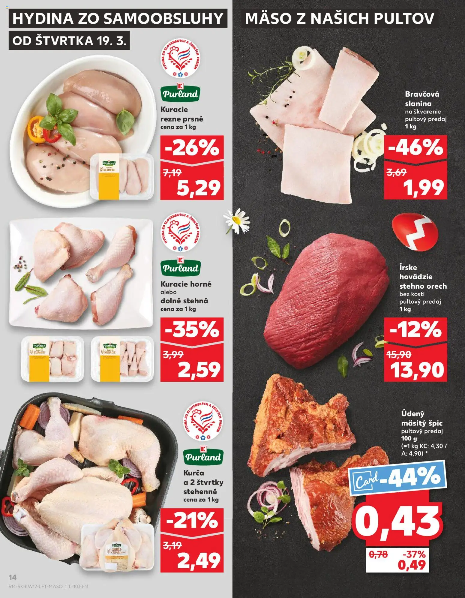 Nové Kaufland akcie – leták je platný od 19.03.2026 | Strana: 14 | Produkty: Slanina, Kuracie rezne, Kurča