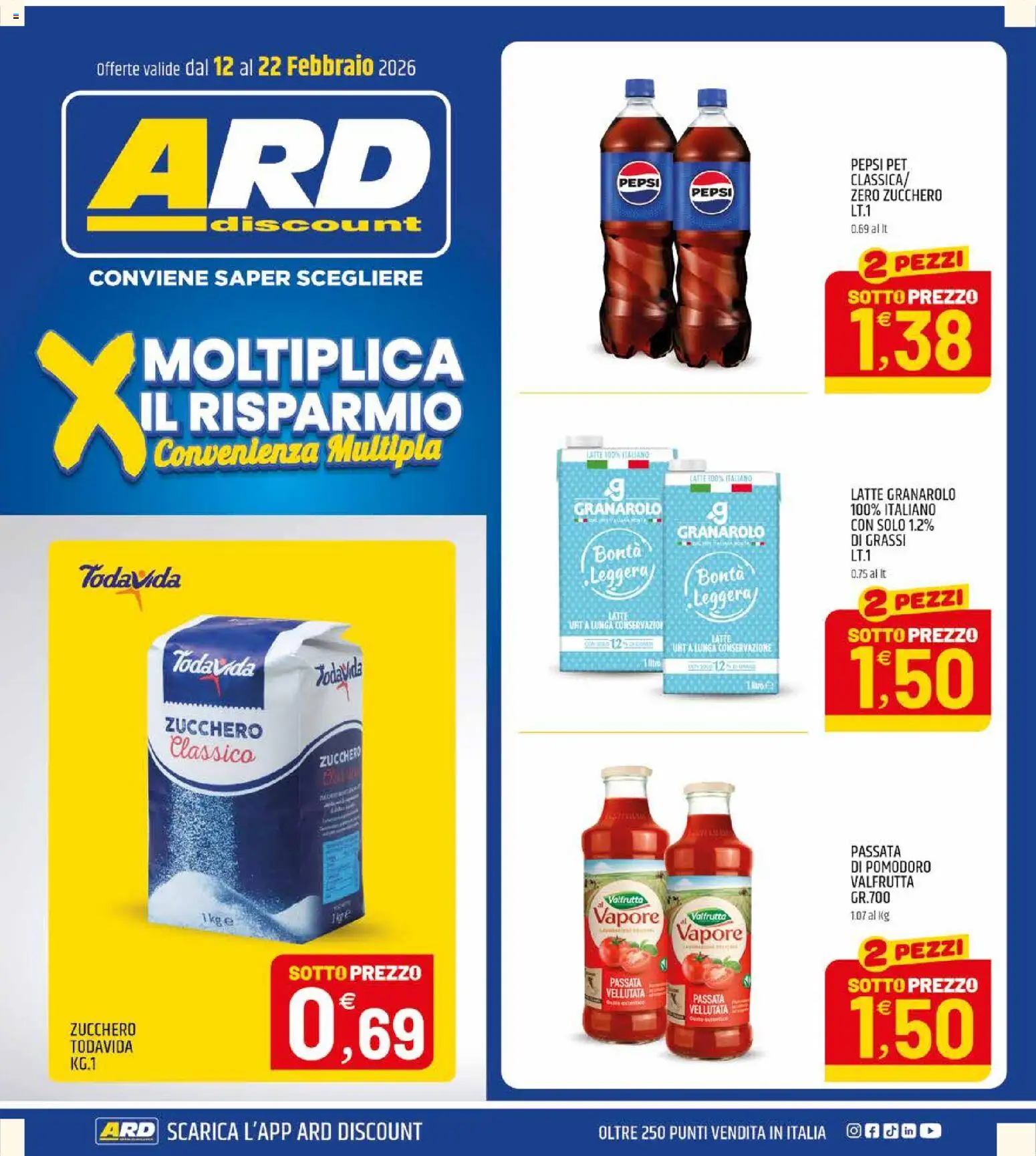 Volantino ARD Discount del 12.02.2026 | Pagina: 1 | Prodotti: Zucchero, Pomodoro, Latte, Passata di pomodoro