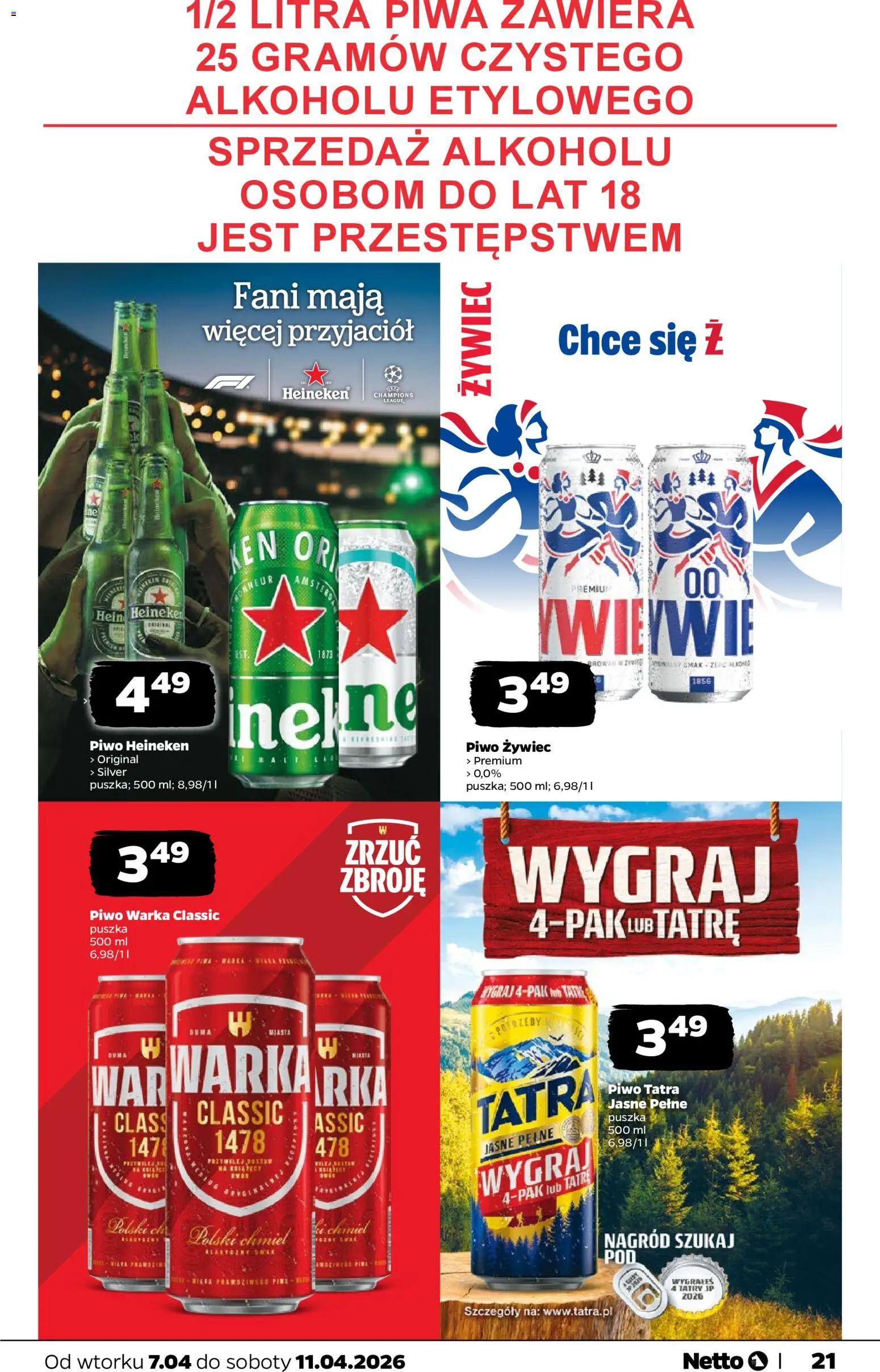 Netto gazetka od wtorku spożywcza od 07.04.2026 | Strona: 21 | Produkty: Warka, Piwo Warka, Piwo, Heineken